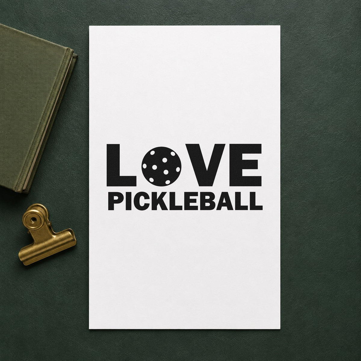 Love Pickleball Ball Letter craft stamp imprint in black ink on a handmade project, one idea being match prize tags.