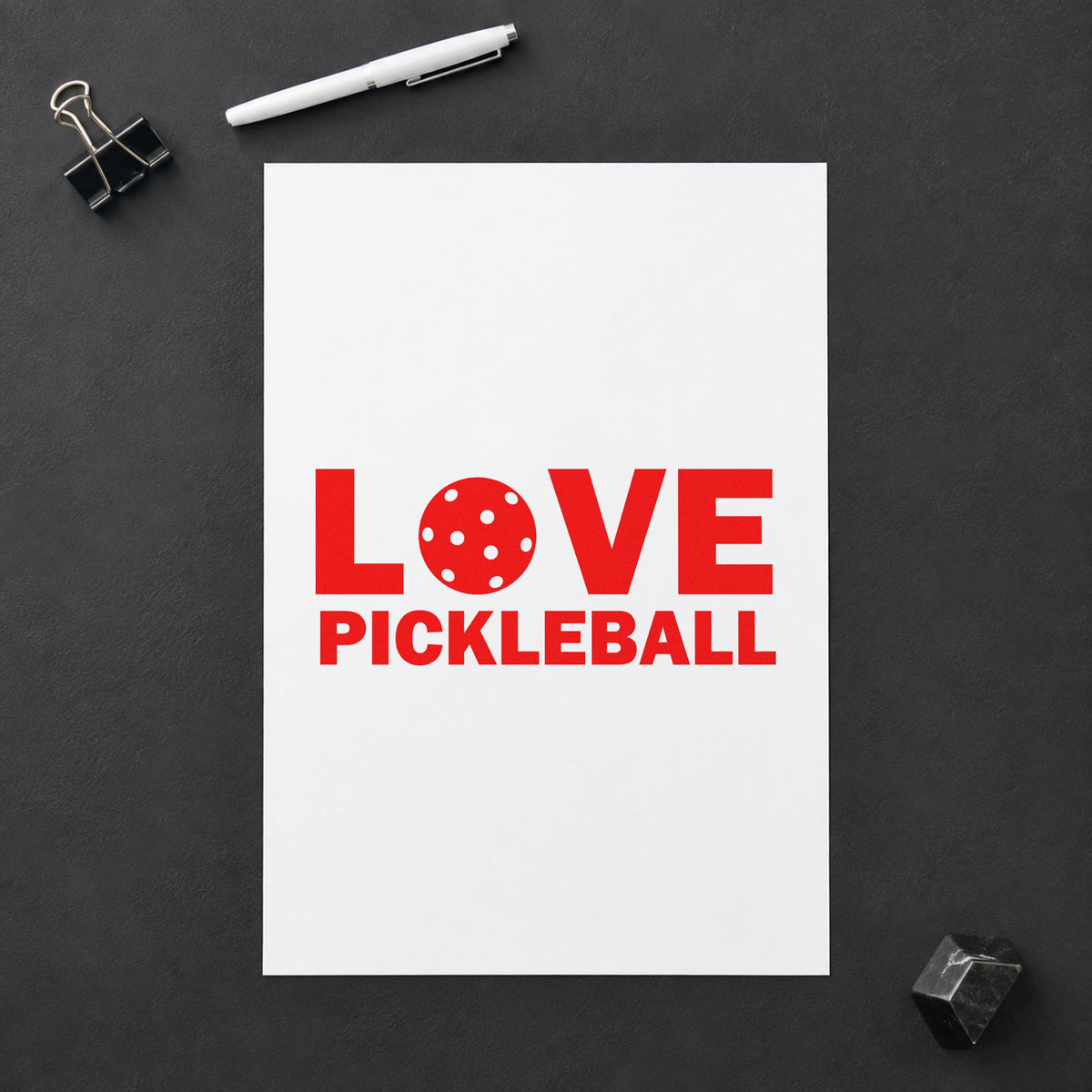 Love Pickleball Ball Letter craft stamp imprint in red ink on a handmade project, one idea being challenge slip cards.