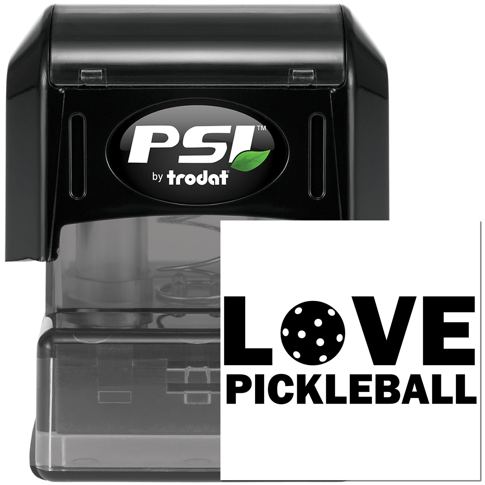 PSI by Trodat self-inking rubber stamp with Love Pickleball design for custom sports and pickleball craft stamping.