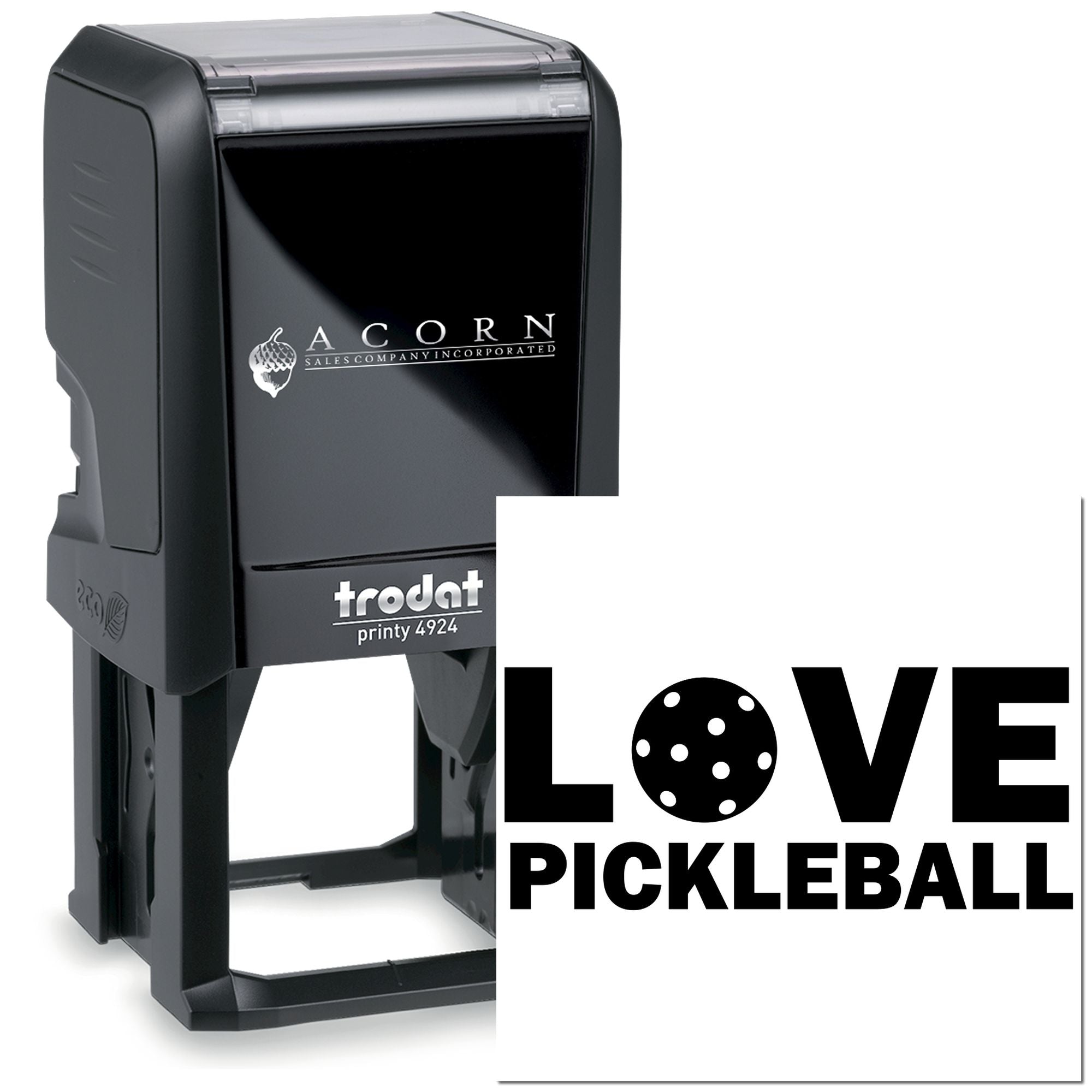 Custom Love Pickleball self-inking rubber stamp, Trodat Printy 4924, ideal for personalized sports branding.