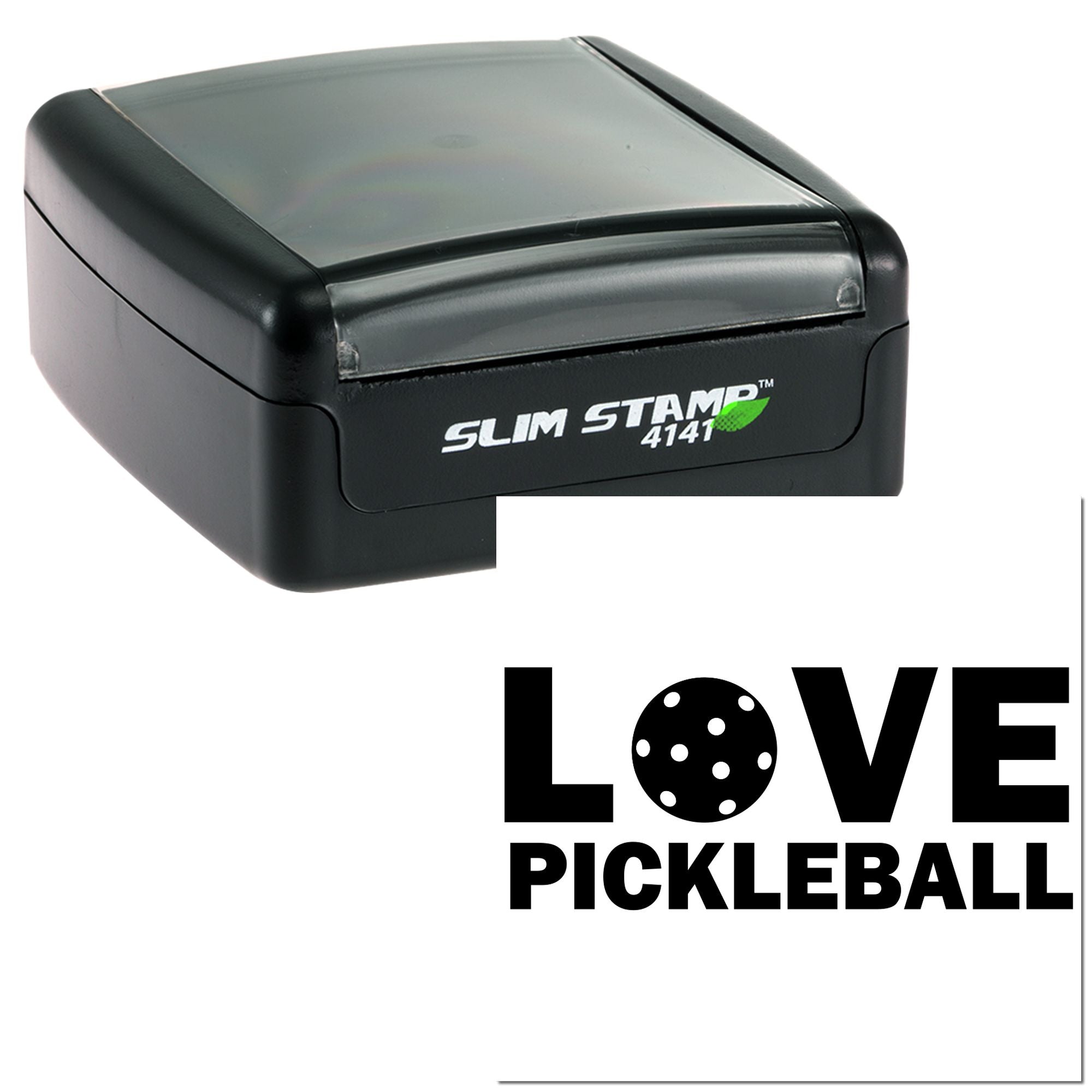 Custom self-inking rubber stamp prints Love Pickleball design for sports crafts, cards, and personalized stationery.