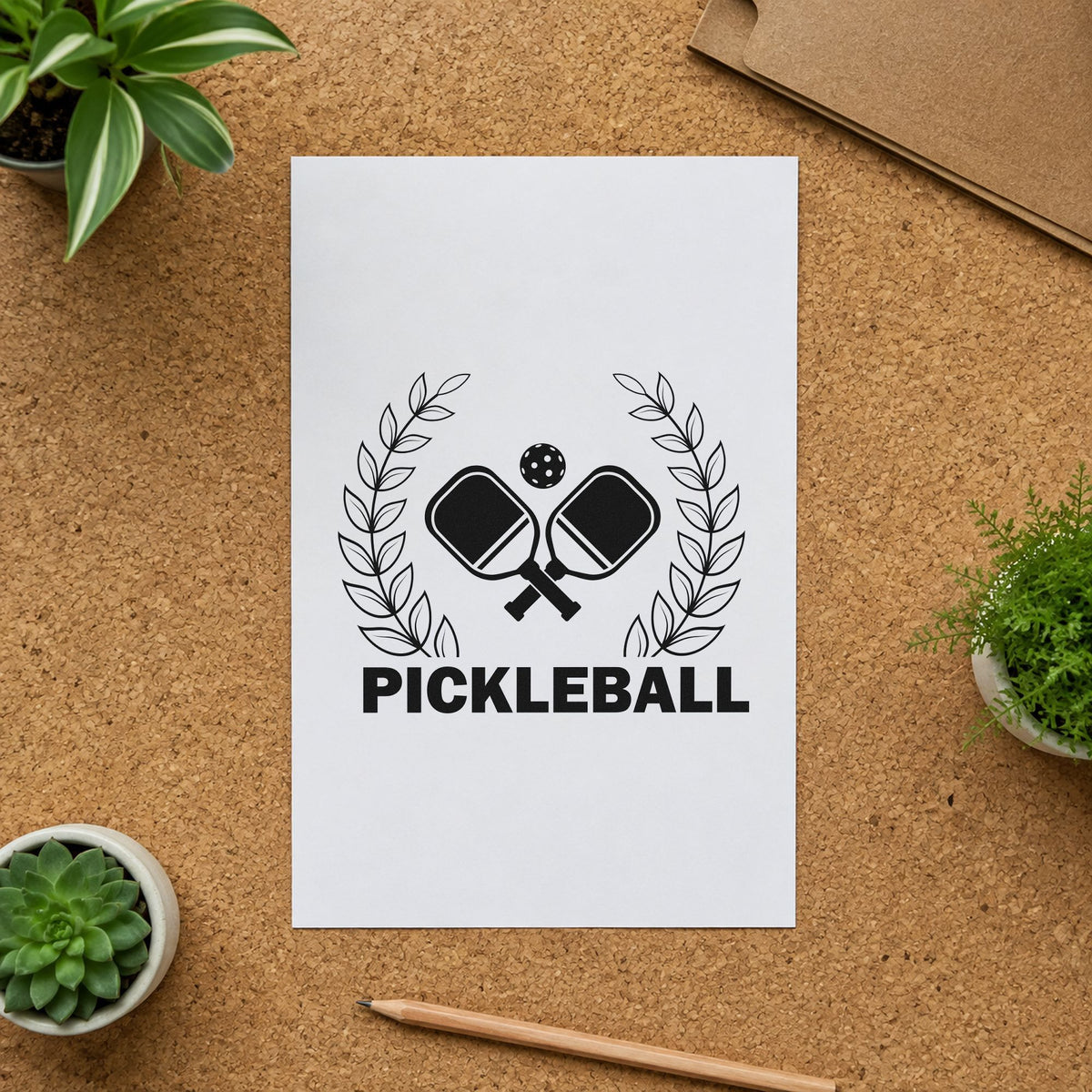 Pickleball Laurel Paddle Badge rubber stamp printed in black ink, ready for event entry sheet and similar paper crafts.