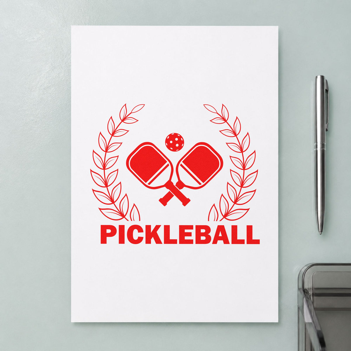 Pickleball Laurel Paddle Badge rubber stamp shown in red ink, stamped for projects such as bin medal labels.