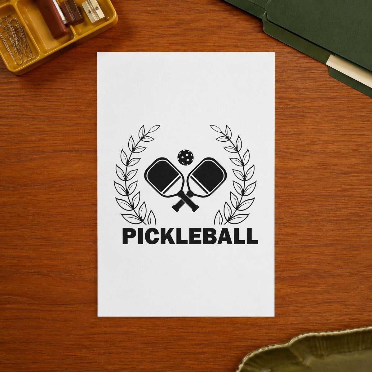 Pickleball Laurel Paddle Badge rubber stamp printed in black ink, ready for leafy laurel cards and similar paper crafts.