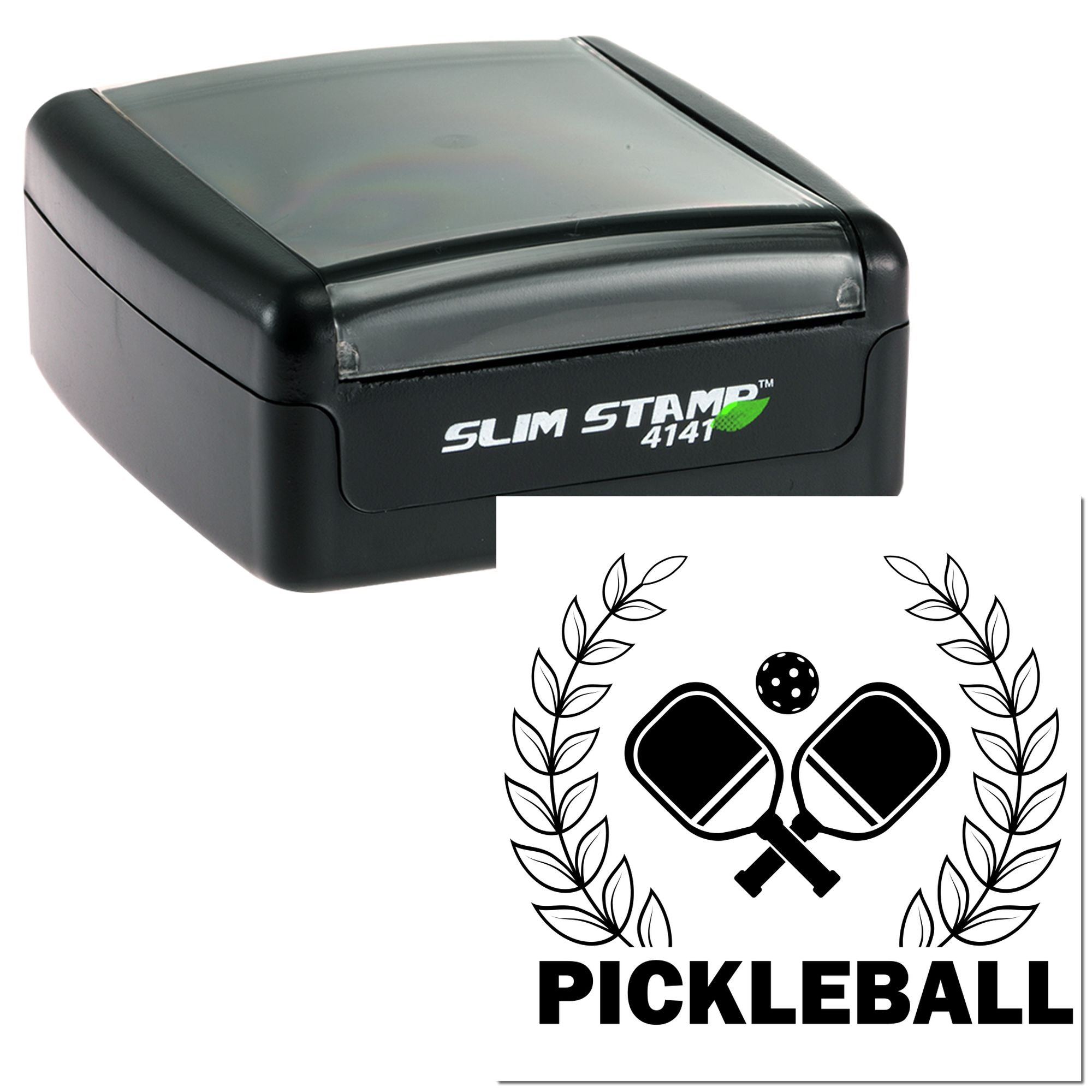 Slim Stamp 4141 custom pickleball rubber stamp with crossed paddles and laurel wreath logo