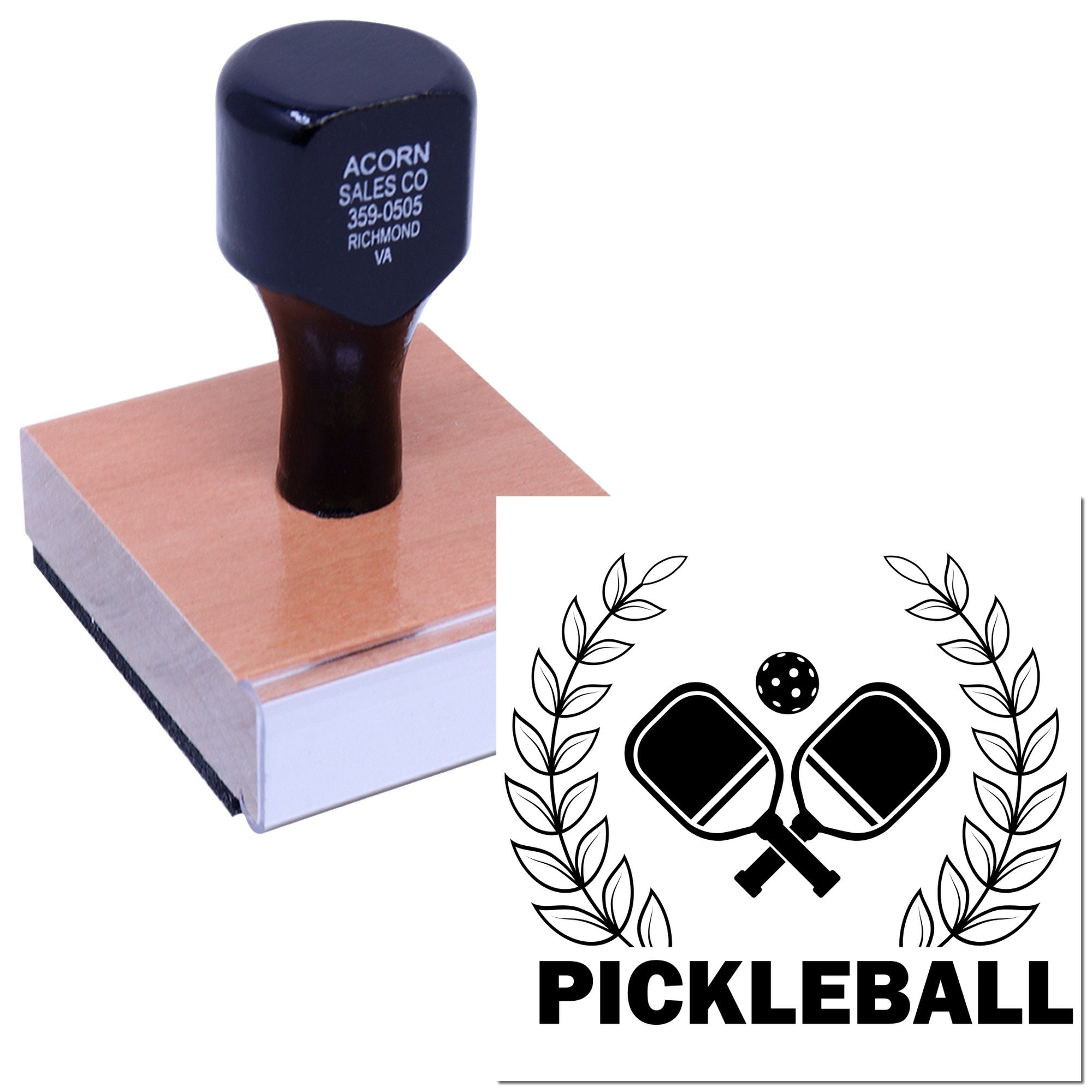 Custom pickleball rubber stamp with crossed paddles and laurel wreath for sports branding, team logos, and promotional marking.