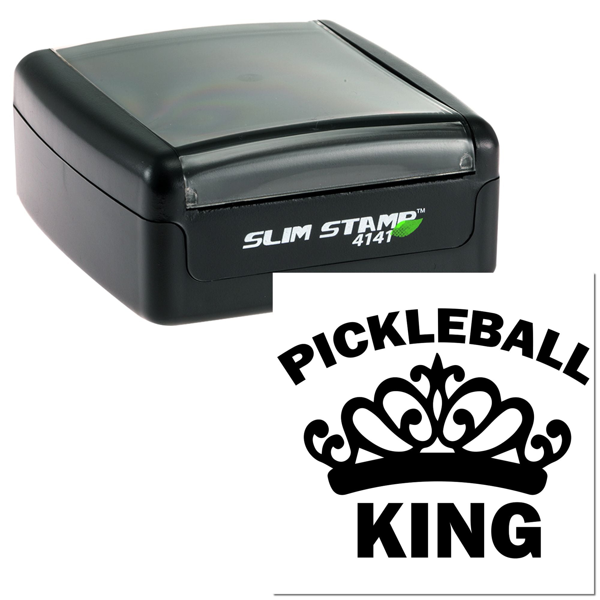 Custom Slim Stamp 4141 self-inking rubber stamp with Pickleball King crown logo for personalized pickleball branding.