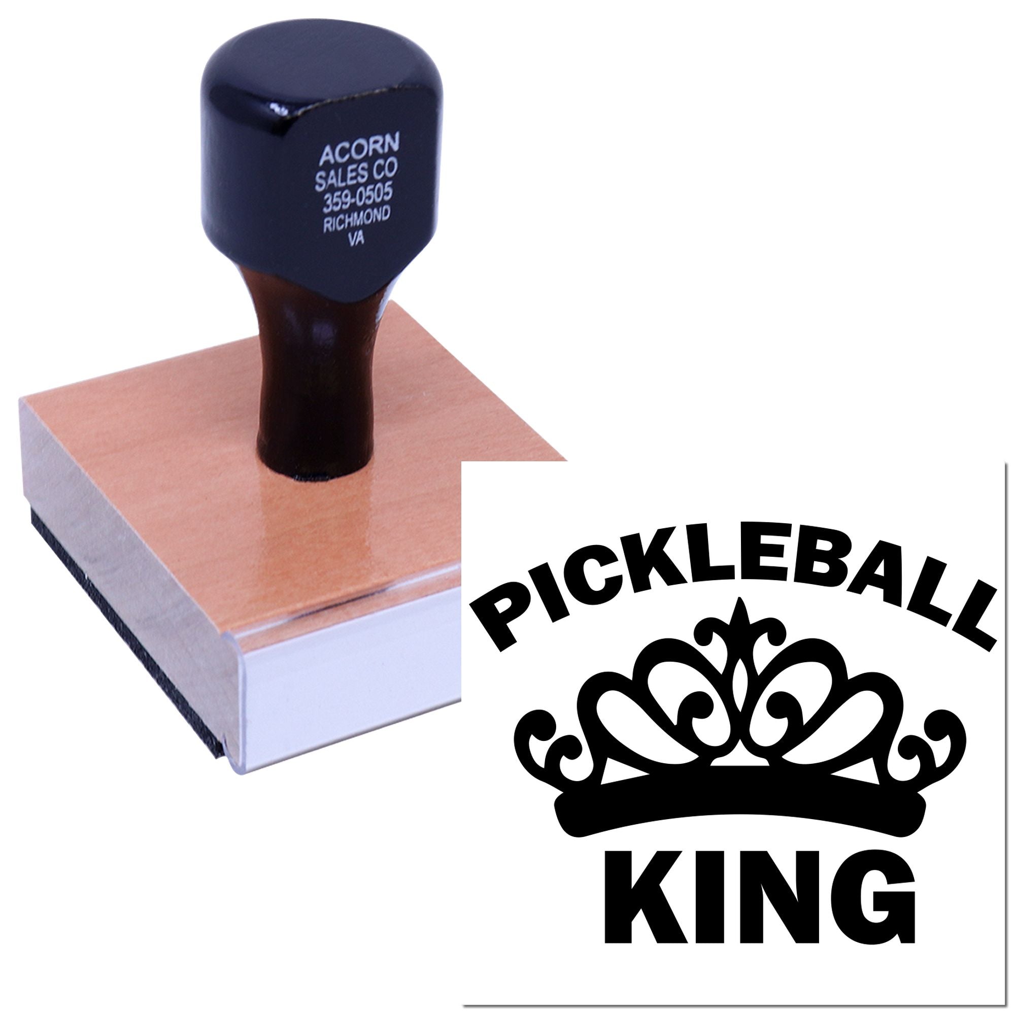 Custom Pickleball King rubber stamp with crown logo, ideal for pickleball clubs, sports branding, and personalized gifts.