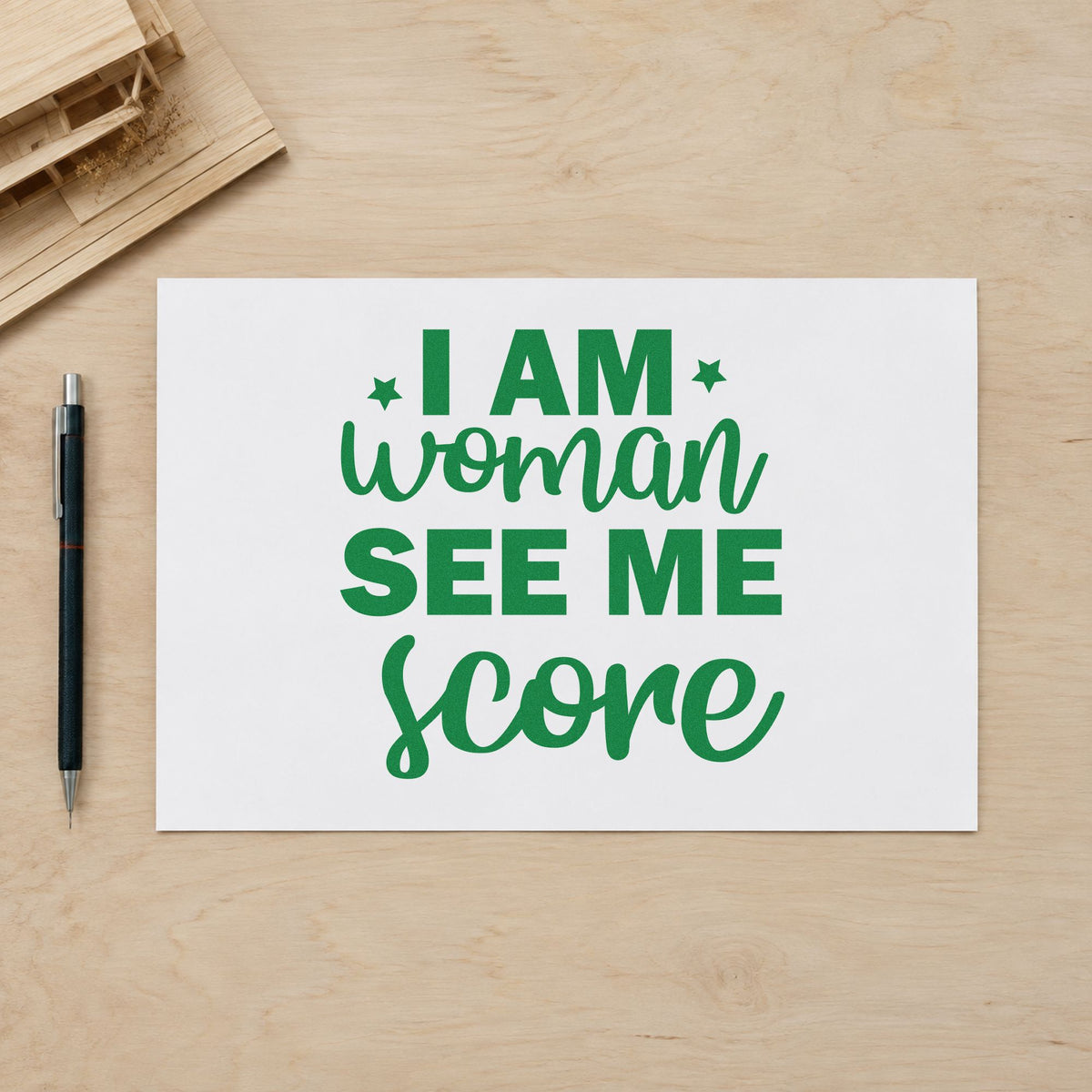 Woman See Me Score craft stamp in green ink on cardstock, an easy option for clinic day album page.