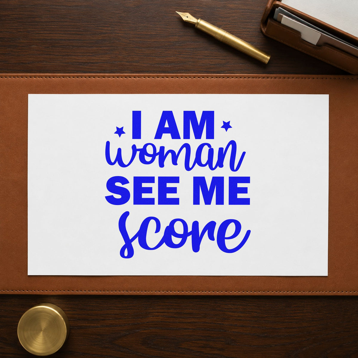 Woman See Me Score craft stamp imprinted in blue ink on paper, a design suited to framed court canopy.