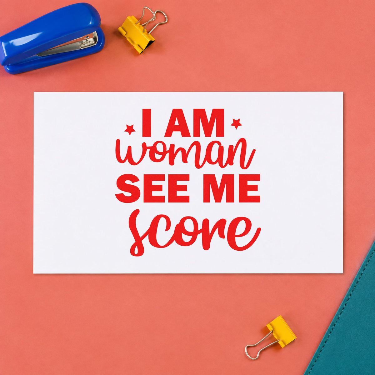 Woman See Me Score rubber stamp shown in red ink, stamped for projects such as bin drill labels.