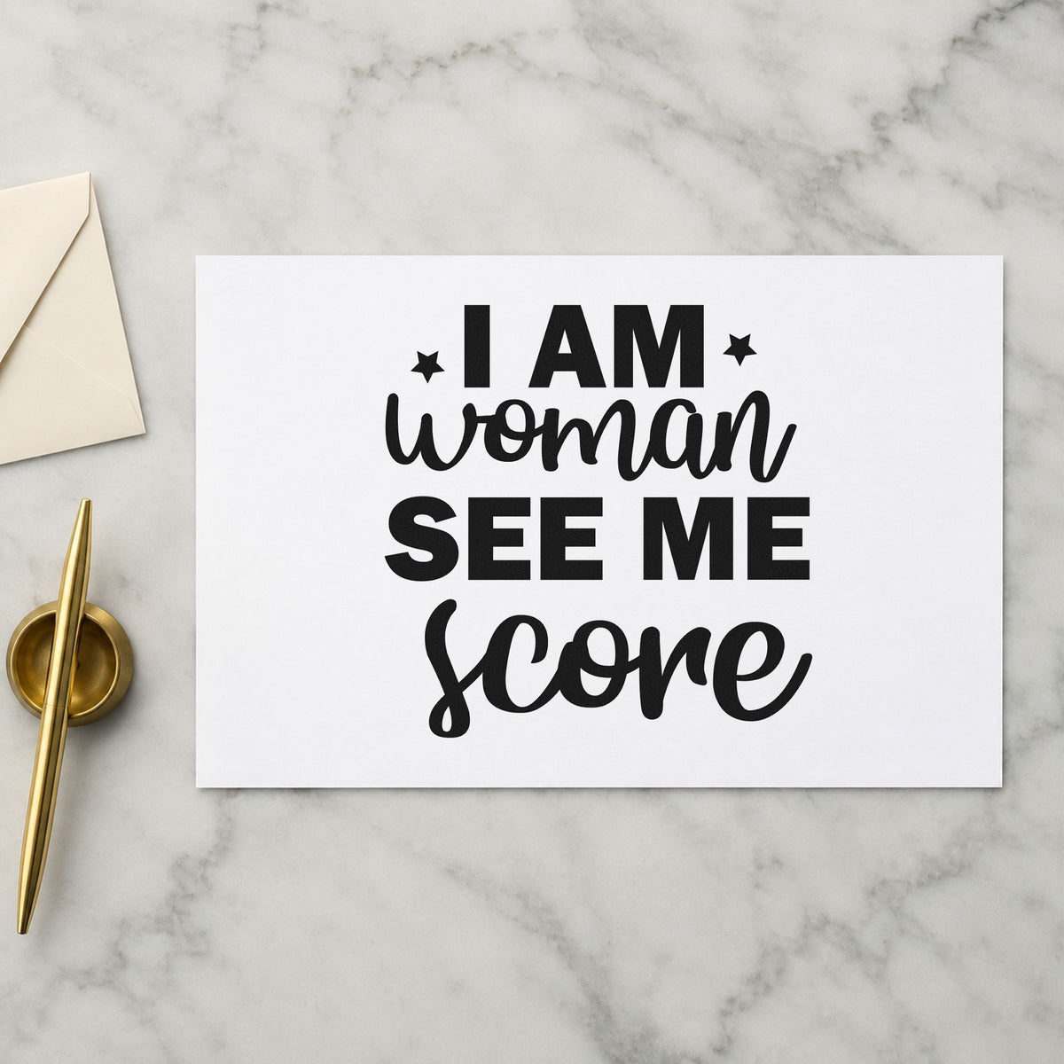 Woman See Me Score rubber stamp printed in black ink, ready for two star cards and similar paper crafts.