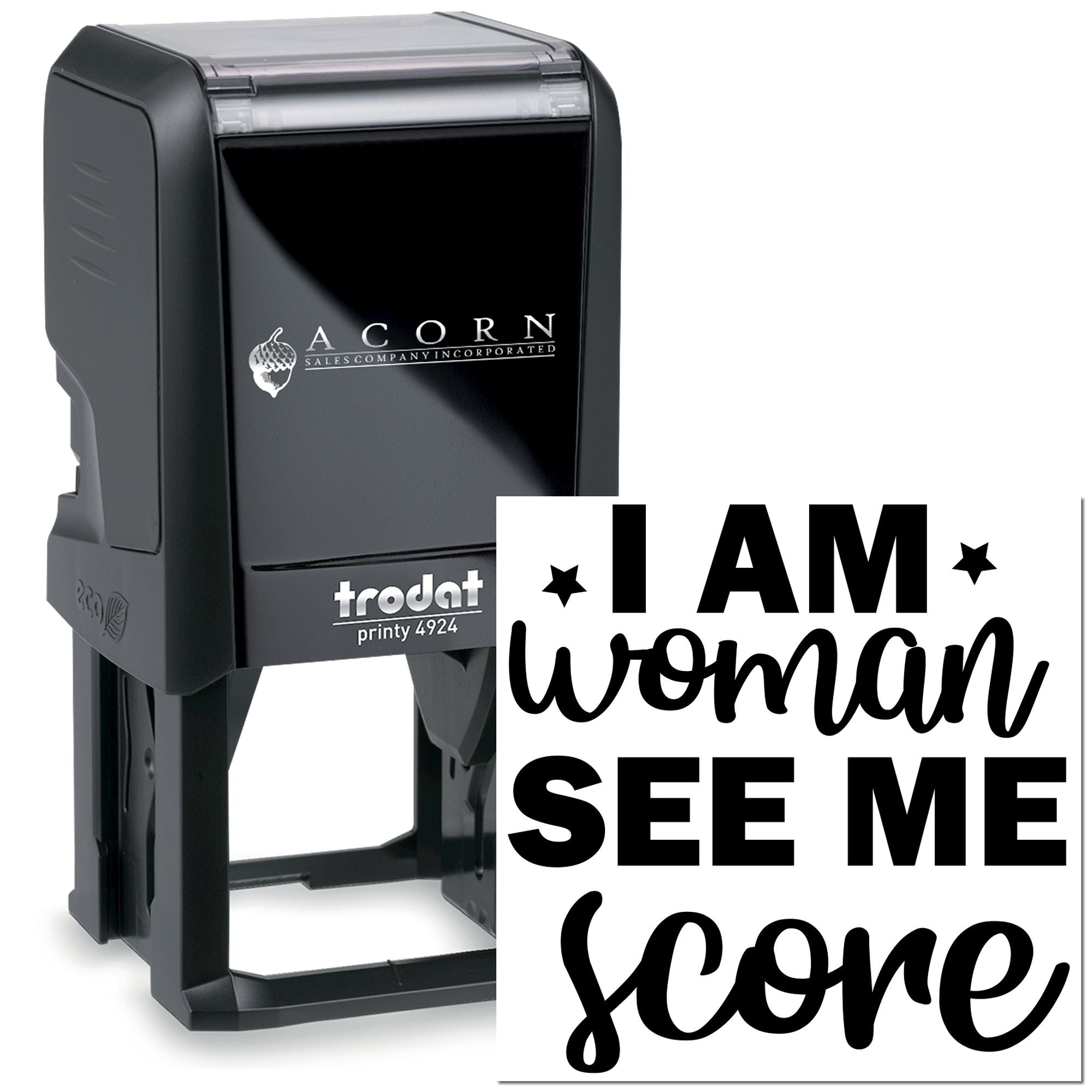 Custom self-inking rubber stamp with bold I am woman design for personalized office branding and custom stamp use.