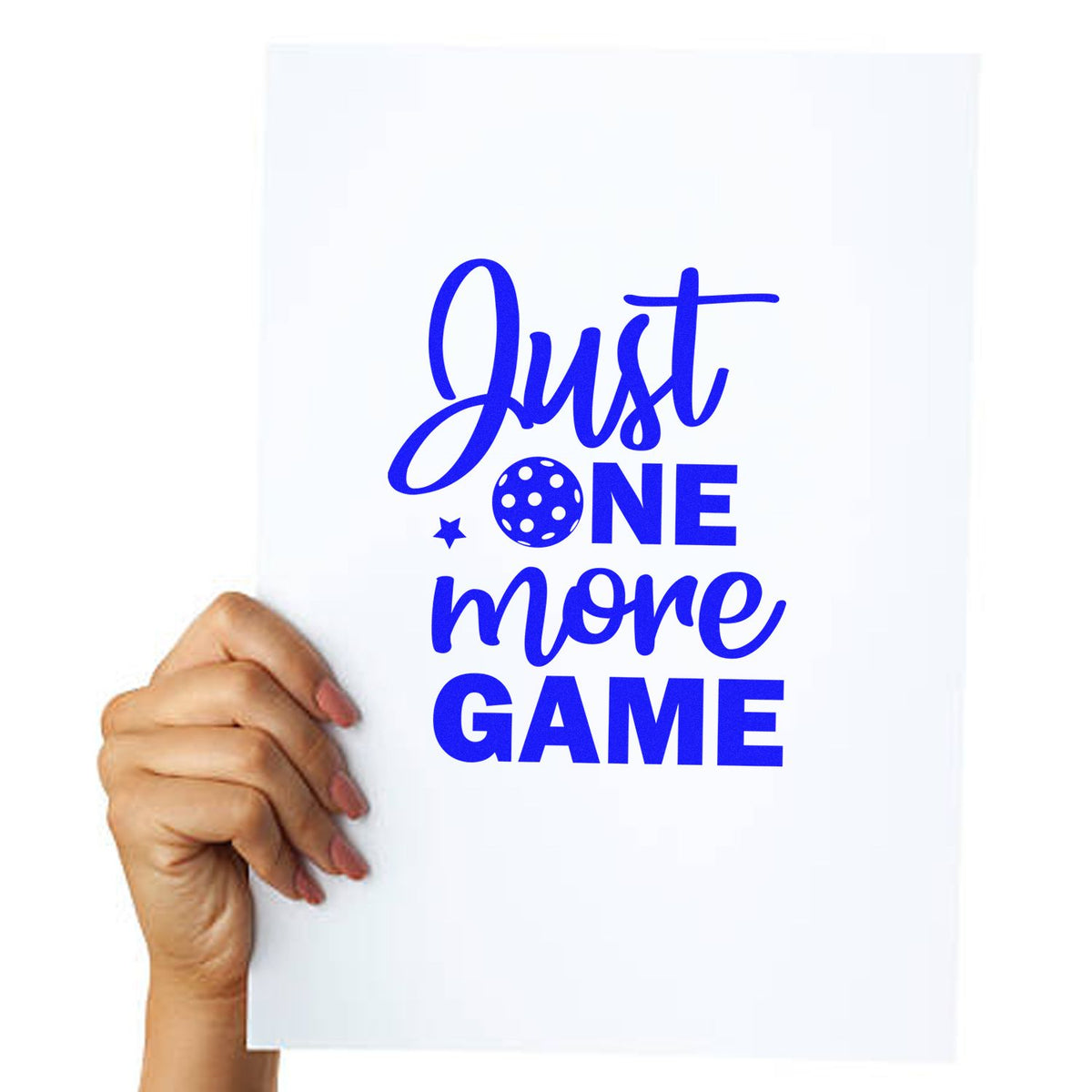 Just One More Game rubber stamp shown in blue ink, stamped for projects such as open play album page.