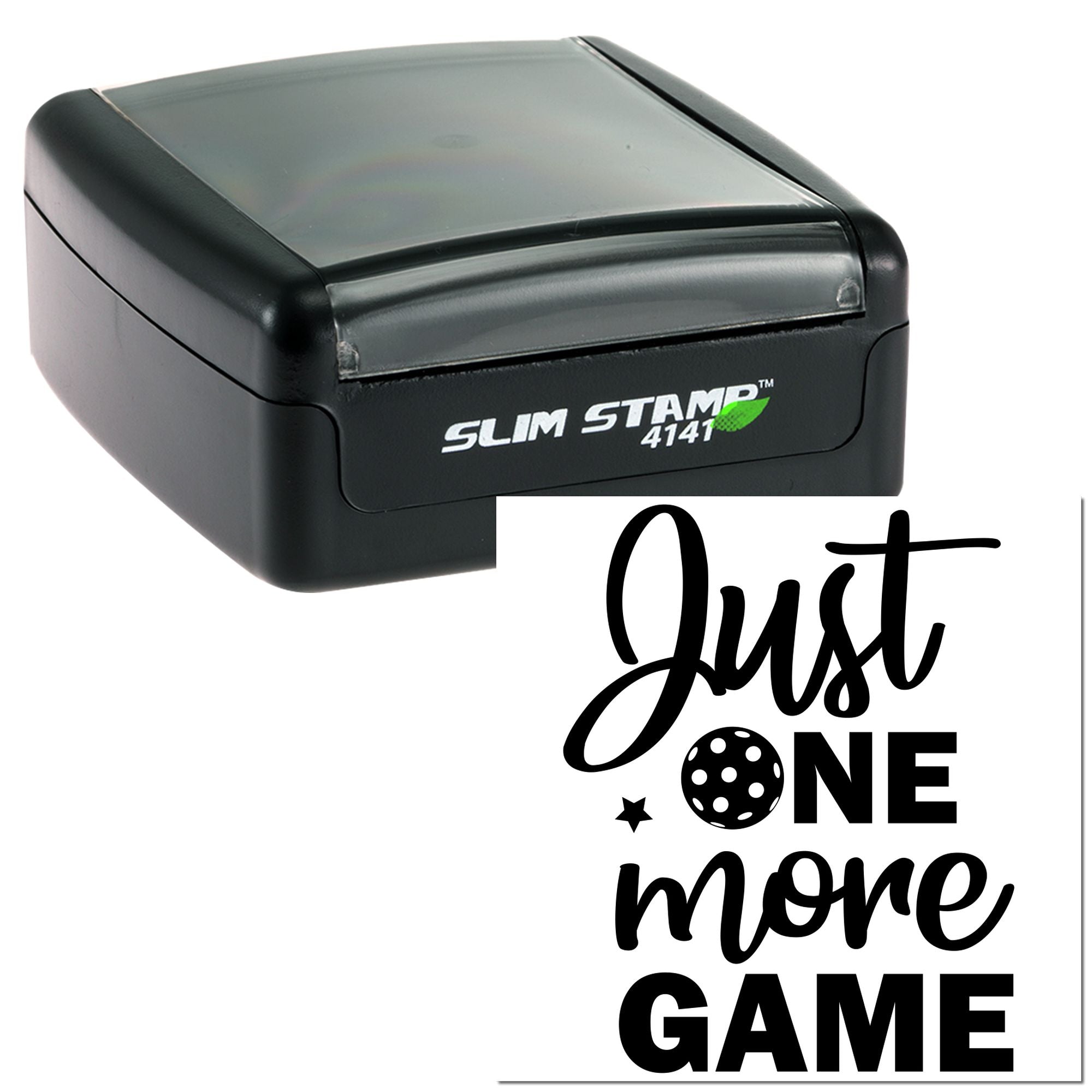 Custom self-inking rubber stamp with Just One More Game slogan for gaming crafts, gifts, and packaging.