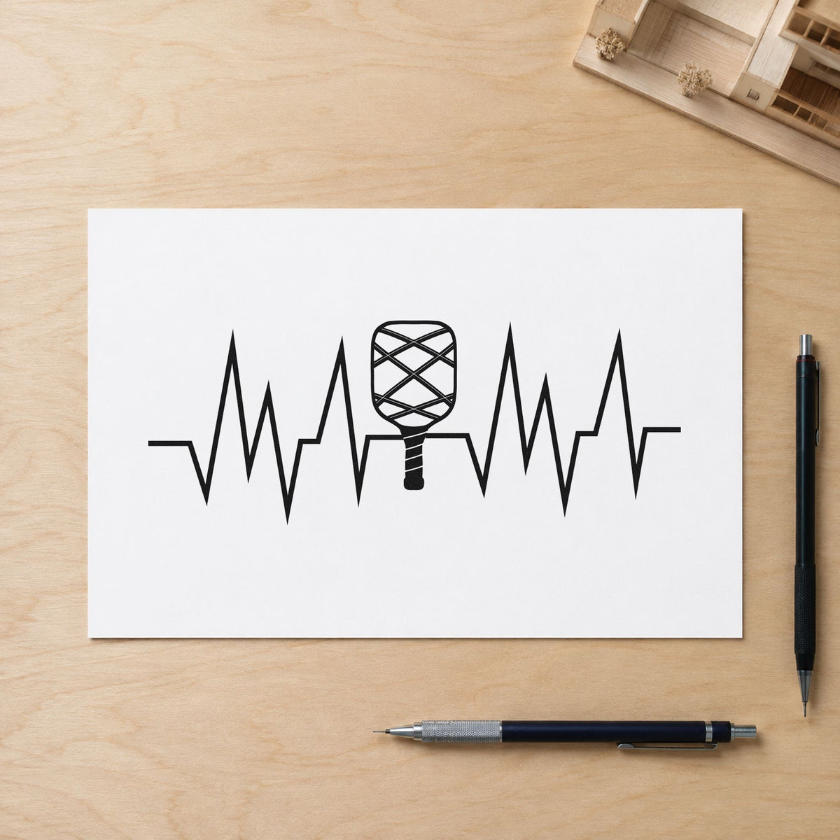 Crosshatched Paddle Heartbeat Line craft stamp in black ink on cardstock, an easy option for fitness album page.