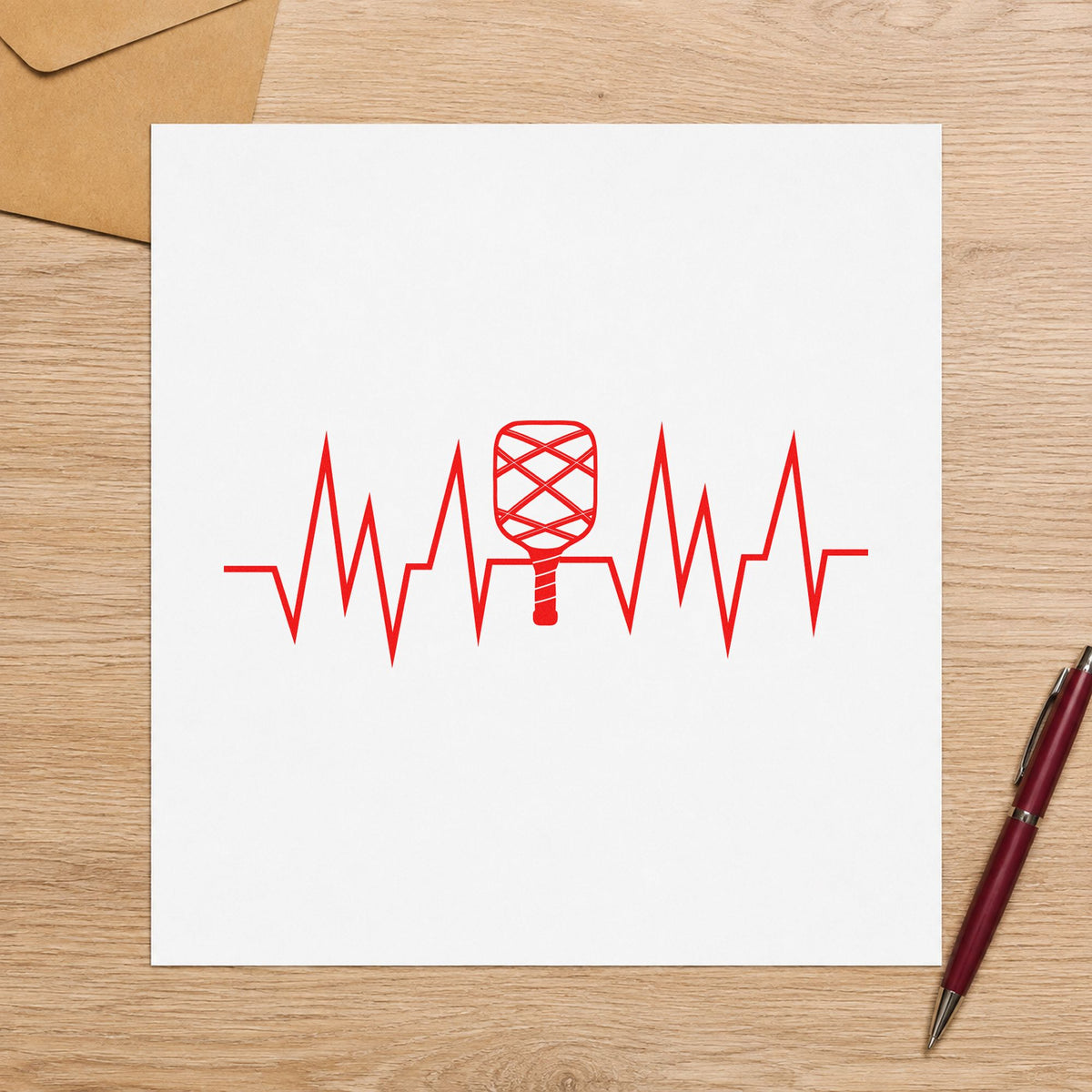 Crosshatched Paddle Heartbeat Line rubber stamp shown in red ink, stamped for projects such as bin band labels.
