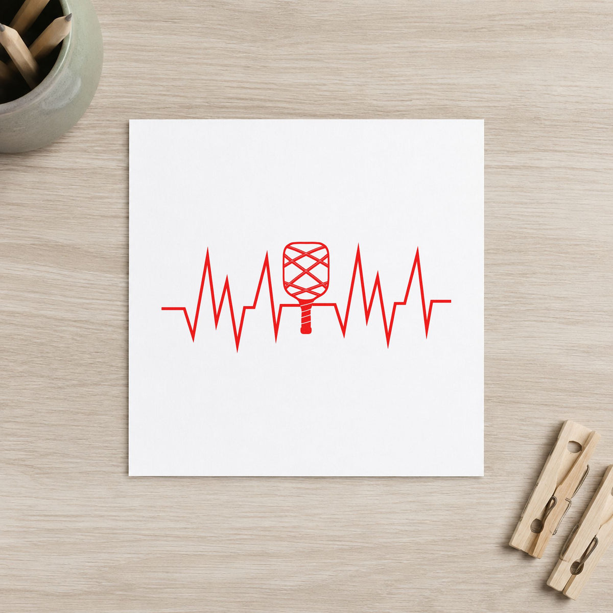 Crosshatched Paddle Heartbeat Line craft stamp imprint in red ink on a handmade project, one idea being warmup move cards.