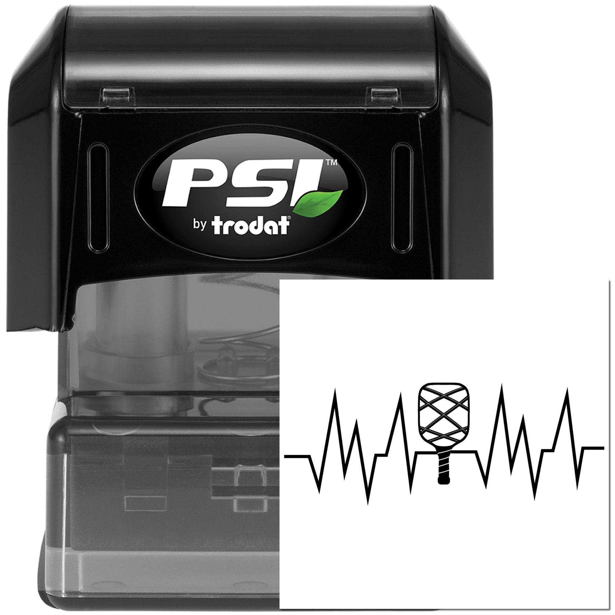 PSI by Trodat self-inking rubber stamp with custom heartbeat sports logo for office or business branding.