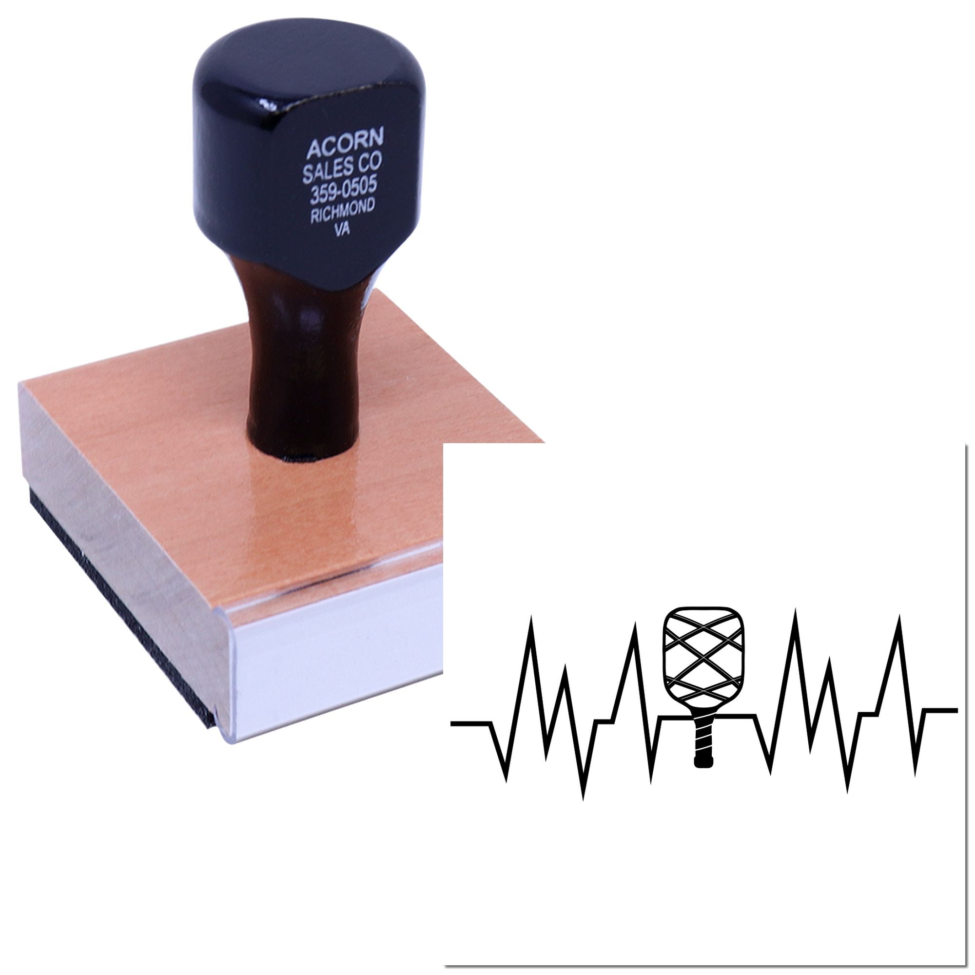 Custom wood-mounted rubber stamp with business imprint, perfect for professional branding, return addresses, or logo marking.