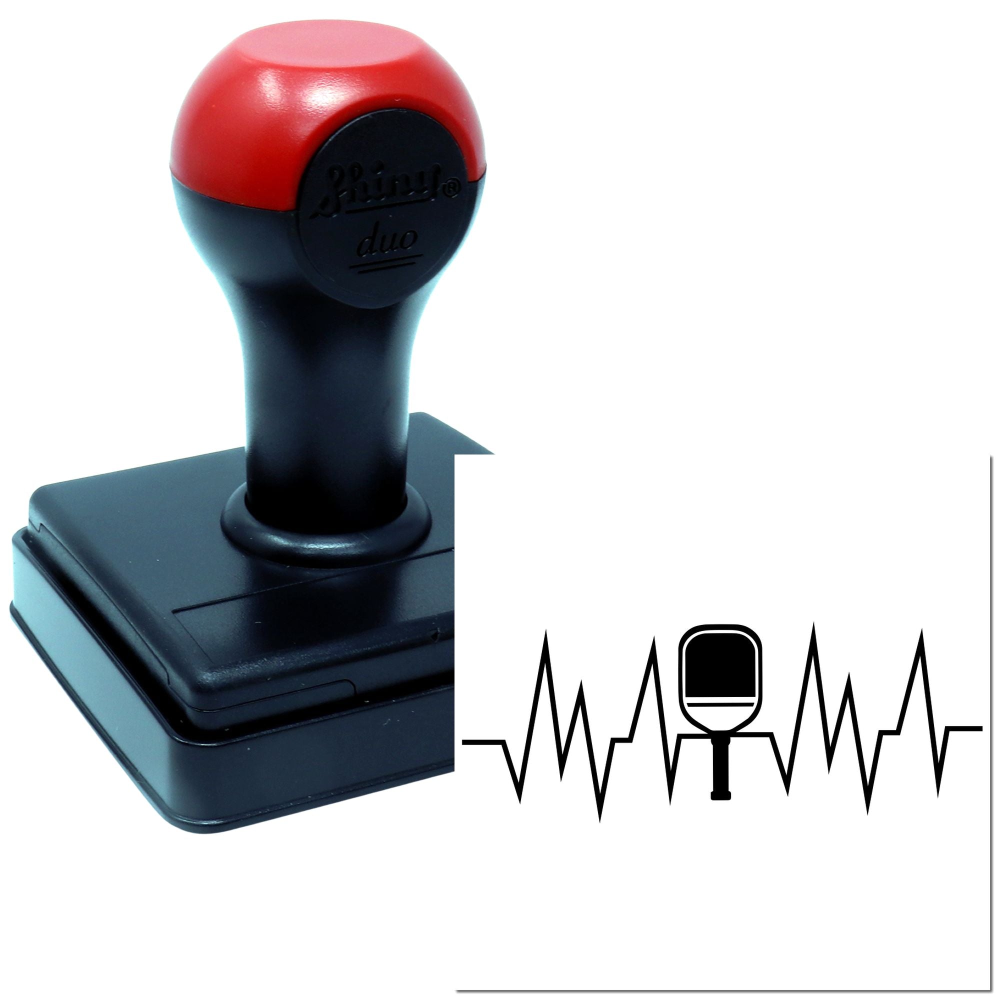 Self-inking rubber stamp with red and black handle for custom business or office impressions.