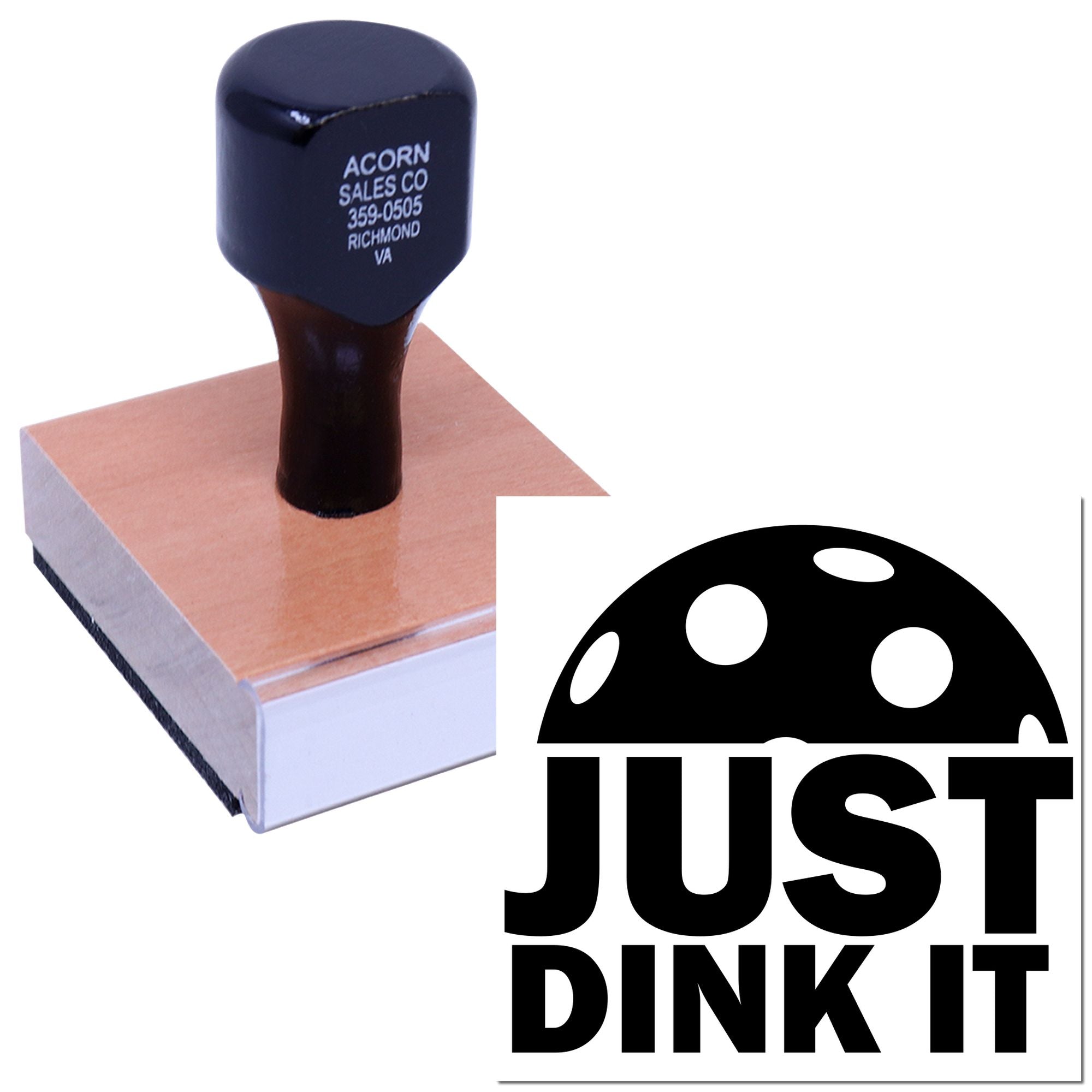 Custom rubber stamp with business address imprint and Just Dink It logo for branding documents and packaging