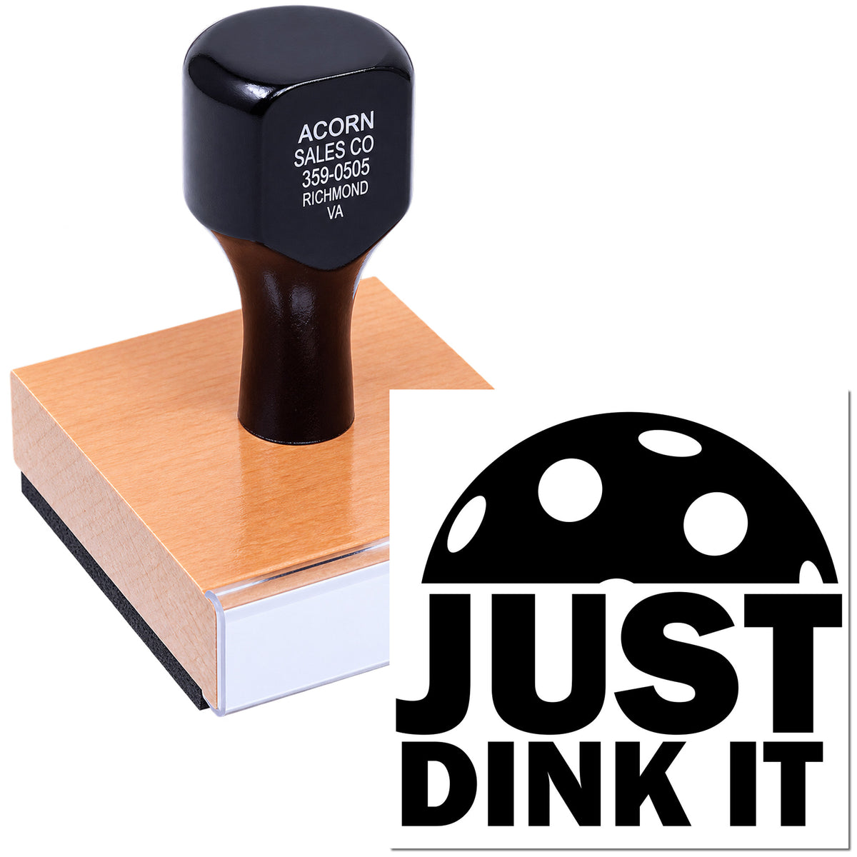 Custom rubber stamp with business address imprint and Just Dink It logo for branding documents and packaging