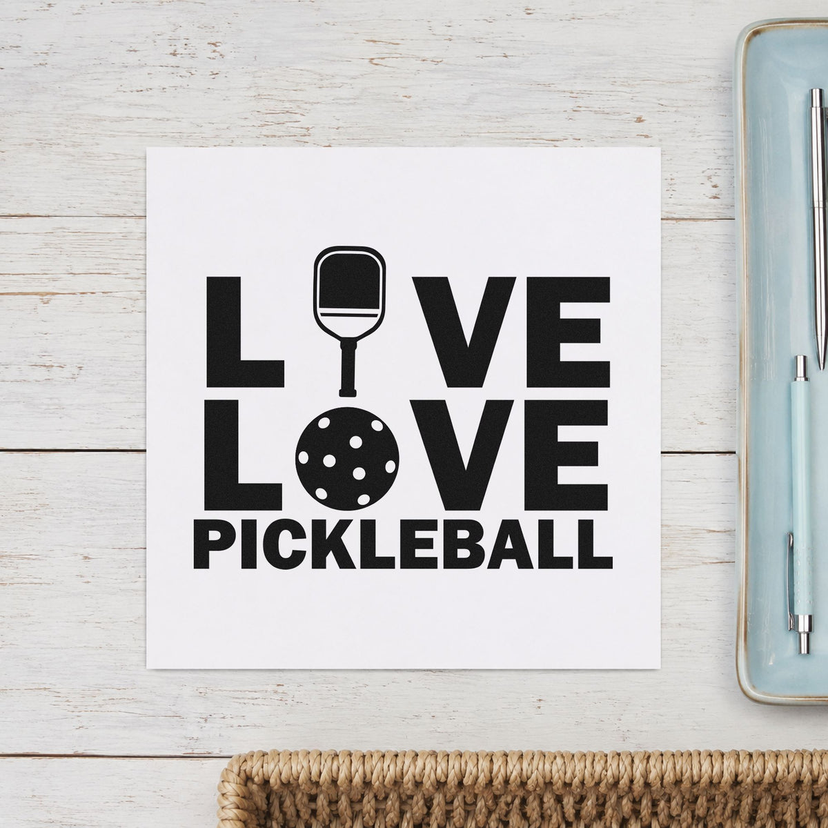 Live Love Pickleball Icons craft stamp imprint in black ink on a handmade project, one idea being site welcome tags.