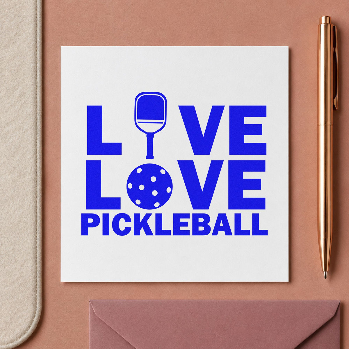 Live Love Pickleball Icons craft stamp imprinted in blue ink on paper, a design suited to framed club house.