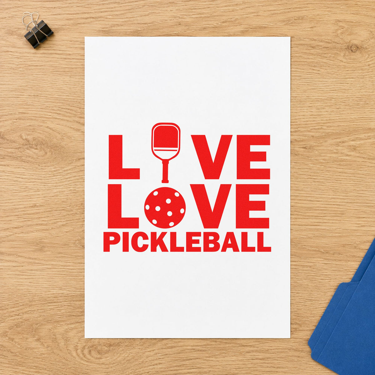 Live Love Pickleball Icons craft stamp imprint in red ink on a handmade project, one idea being court rule cards.