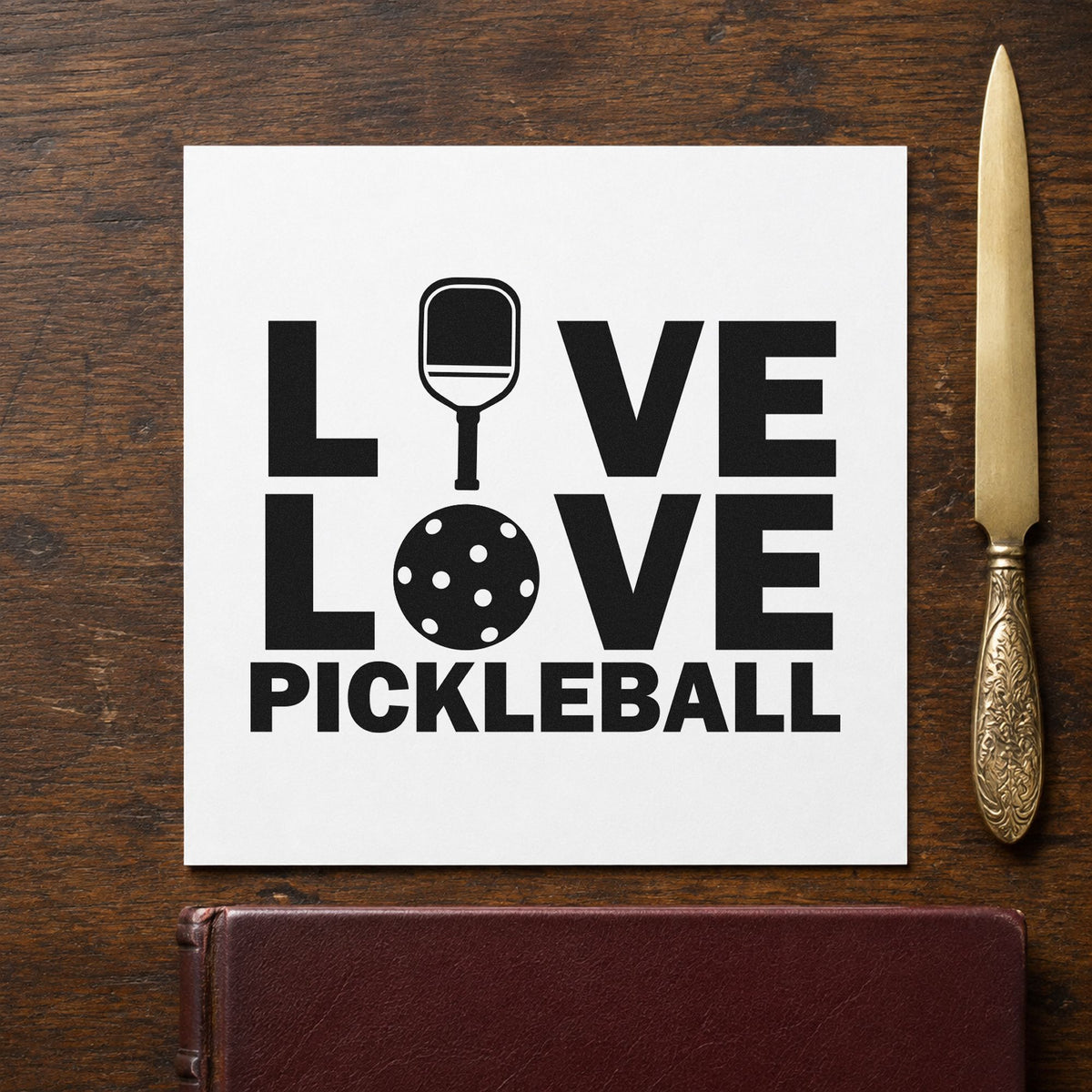 Live Love Pickleball Icons rubber stamp printed in black ink, ready for paddle ball cards and similar paper crafts.