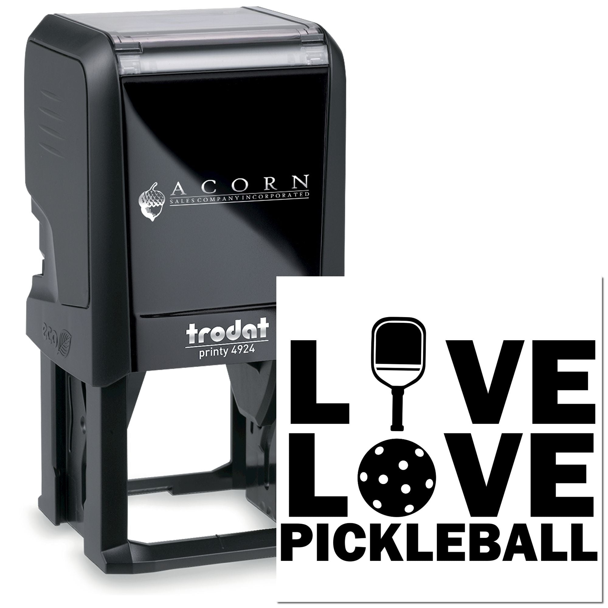 Trodat Printy 4924 custom self-inking rubber stamp with Love Pickleball logo for branded business or promotional use.