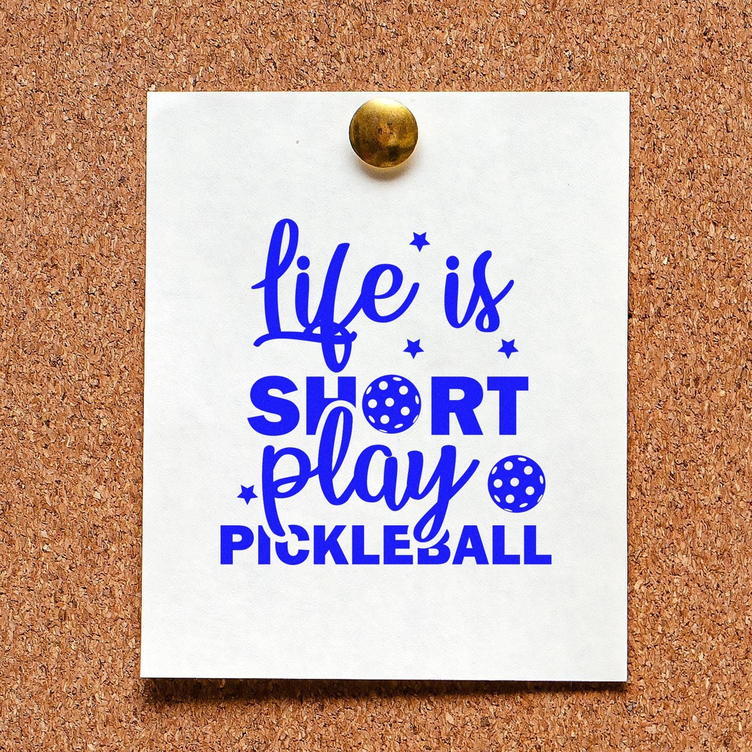 Pickleball rubber stamp with Life is Short, Play Pickleball quote for sports-themed crafts, cards, and DIY projects.