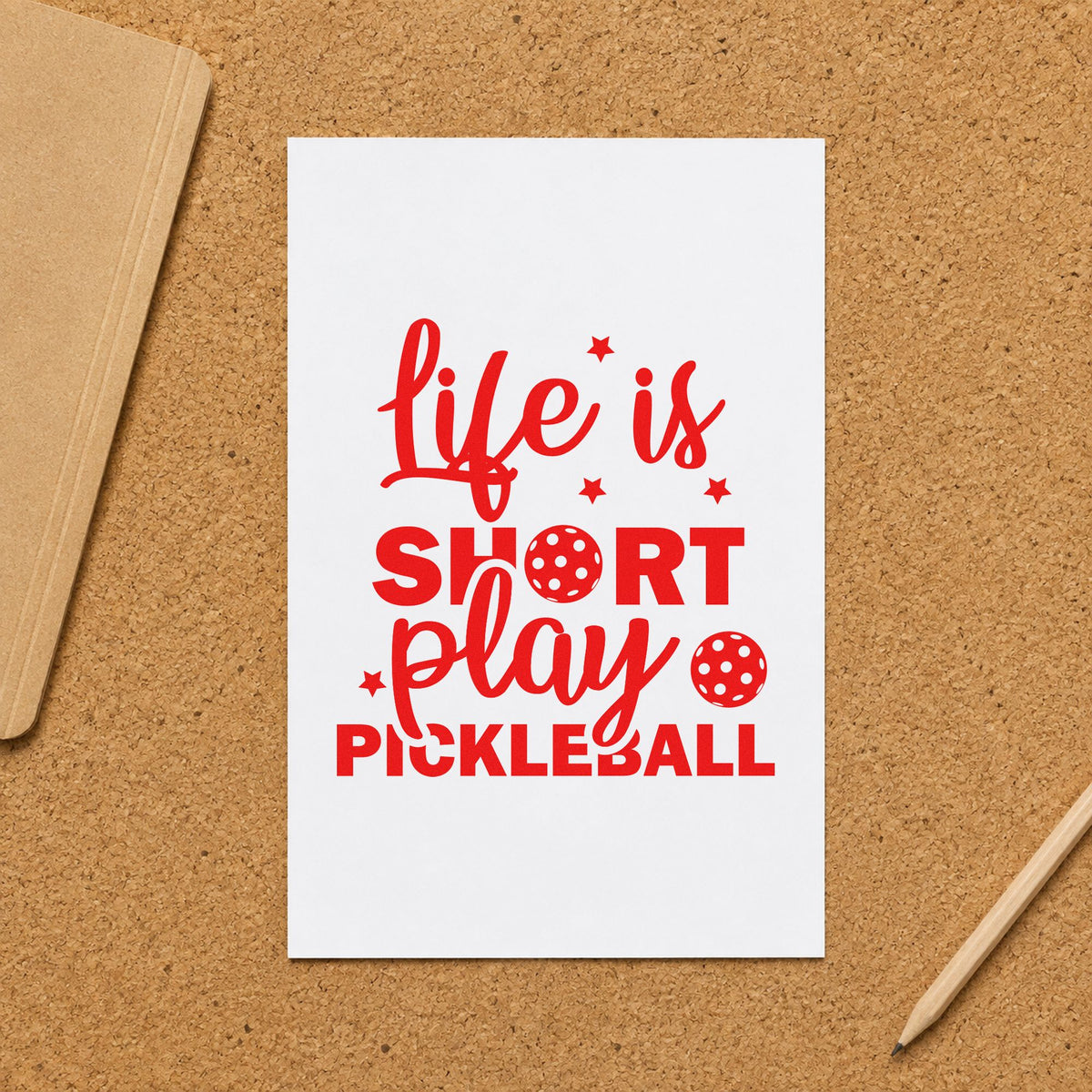 Life Short Play Pickleball craft stamp imprint in red ink on a handmade project, one idea being group info cards.