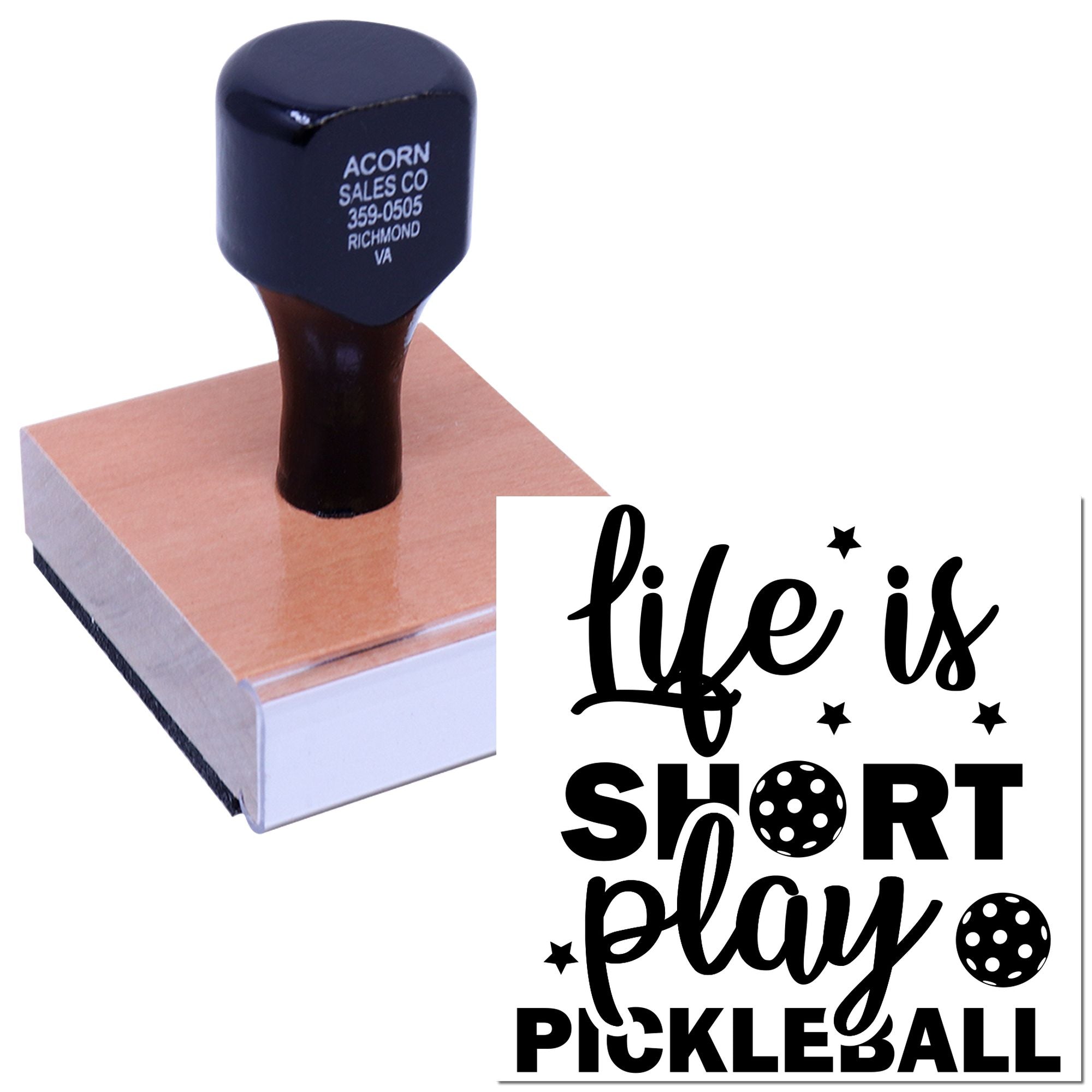 Custom rubber stamp with Life is short play pickleball design for sports crafts, cards, and packaging.