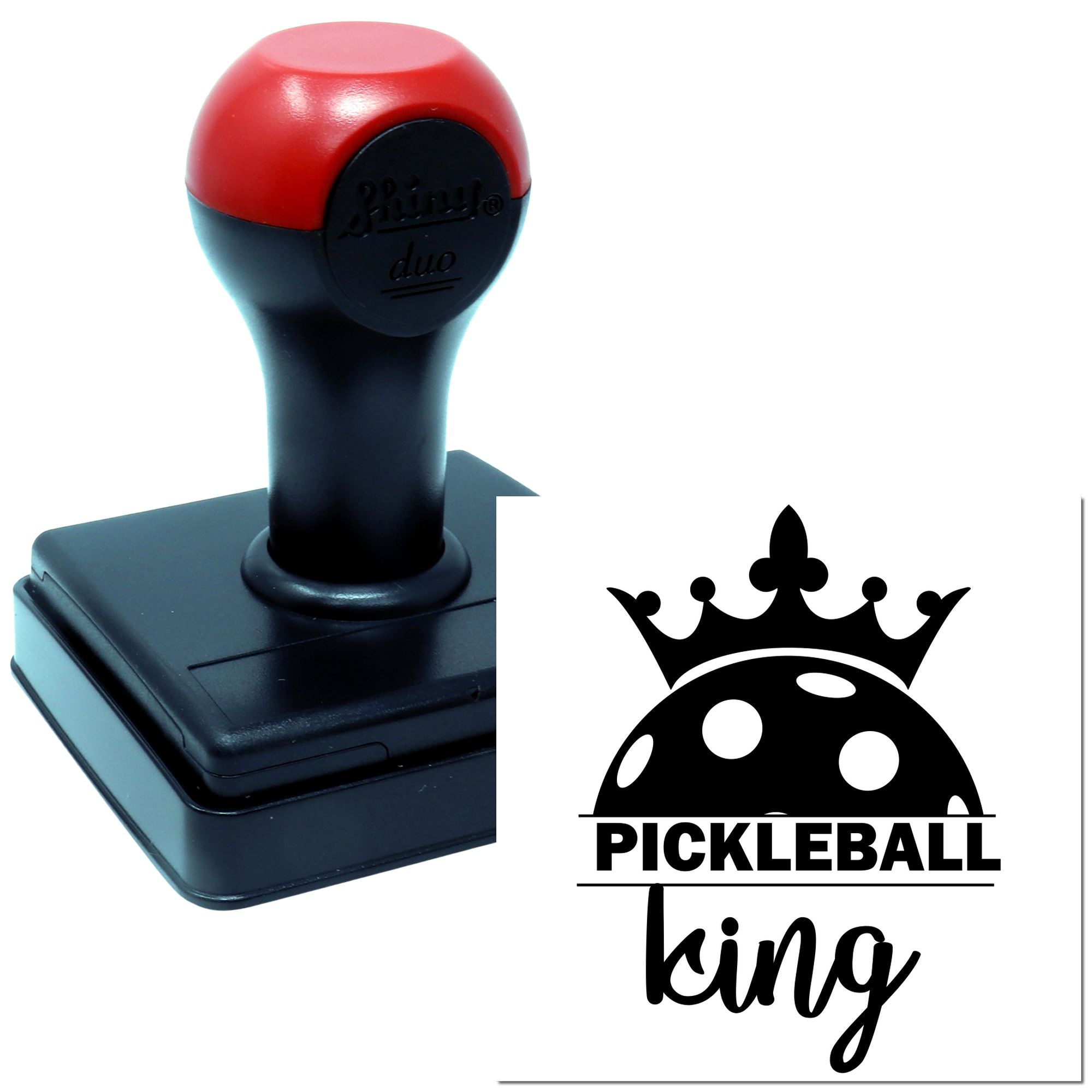 Custom self-inking pickleball king rubber stamp with crown design, perfect for personalized sports gifts and club branding.