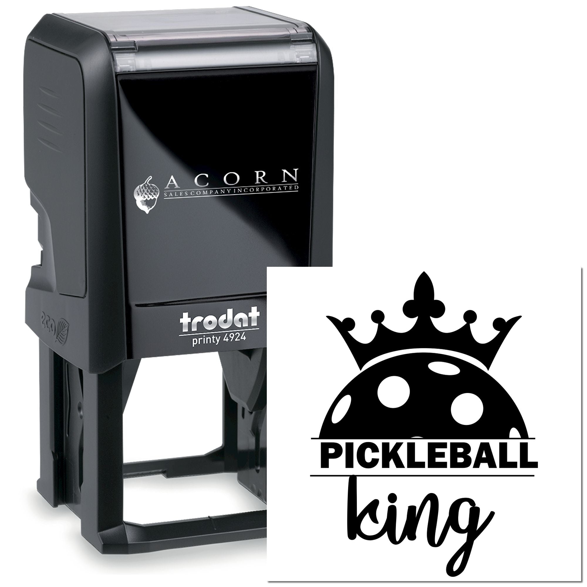Custom self-inking Trodat rubber stamp with Pickleball King design for pickleball gifts, branding, and stationery.