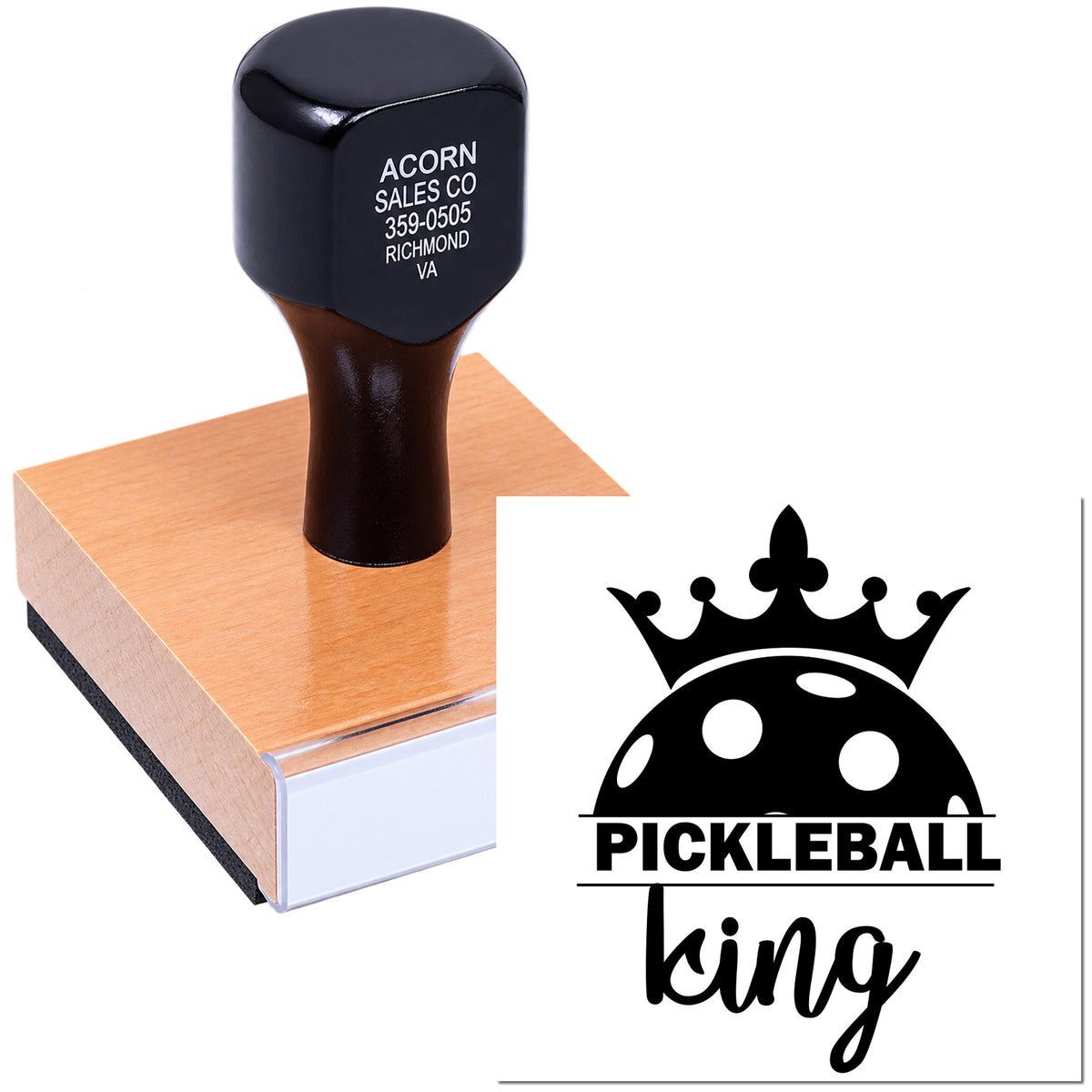 Custom Pickleball King rubber stamp with crown design for personalized sports gifts and team branding