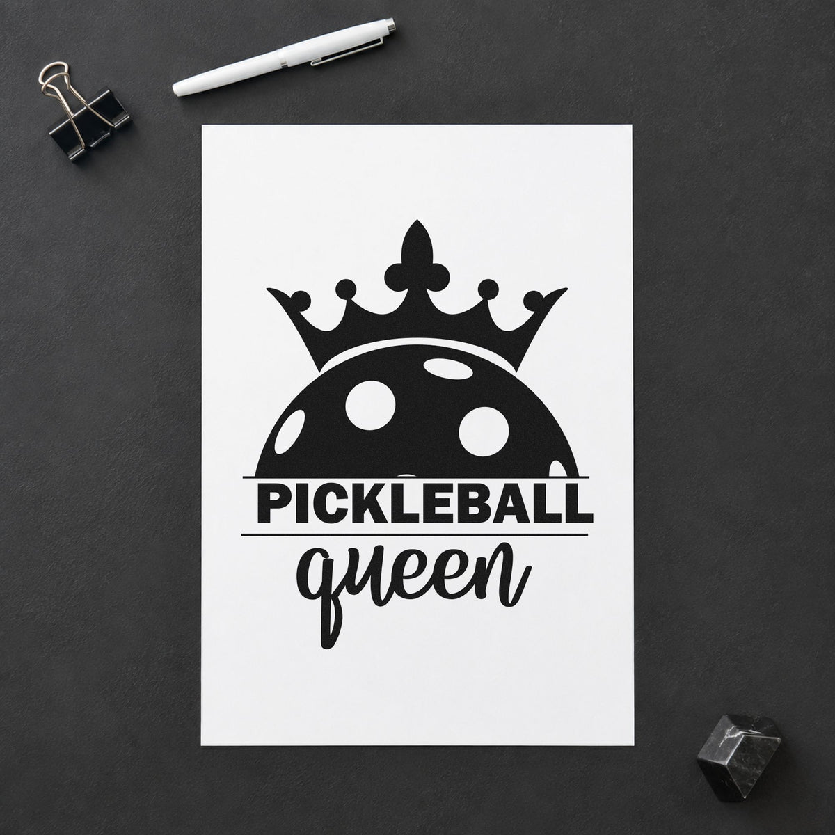 Pickleball Queen Crowned Ball rubber stamp printed in black ink, ready for play plan sheet and similar paper crafts.