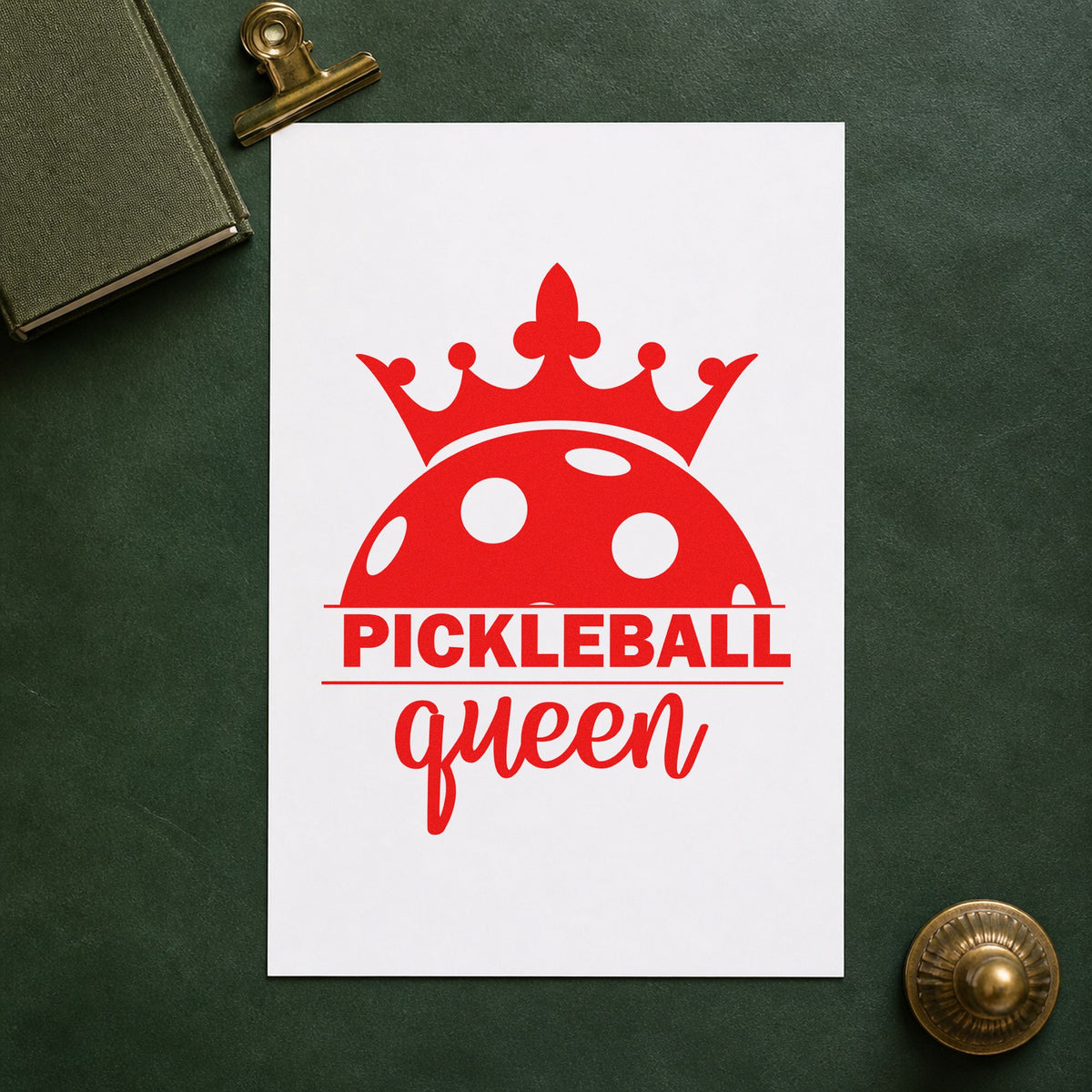 Pickleball Queen Crowned Ball rubber stamp shown in red ink, stamped for projects such as bin party labels.