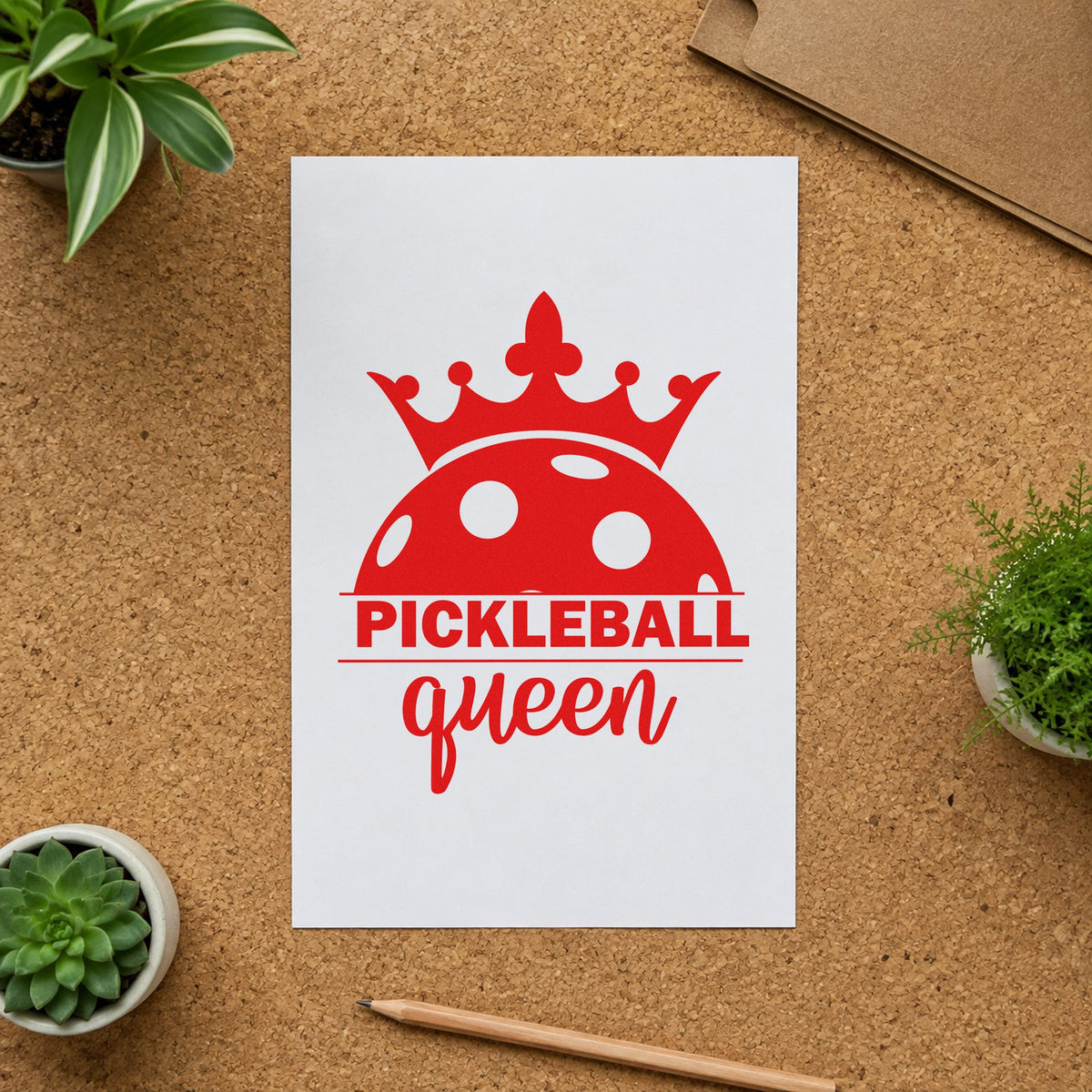 Pickleball Queen Crowned Ball craft stamp imprint in red ink on a handmade project, one idea being guest wish cards.