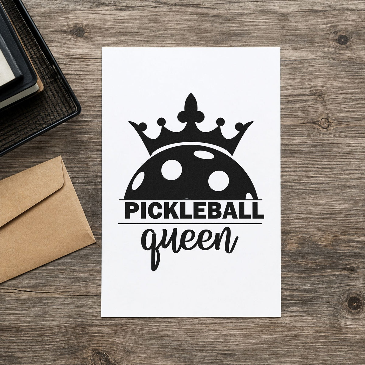 Pickleball Queen Crowned Ball rubber stamp printed in black ink, ready for crown half cards and similar paper crafts.