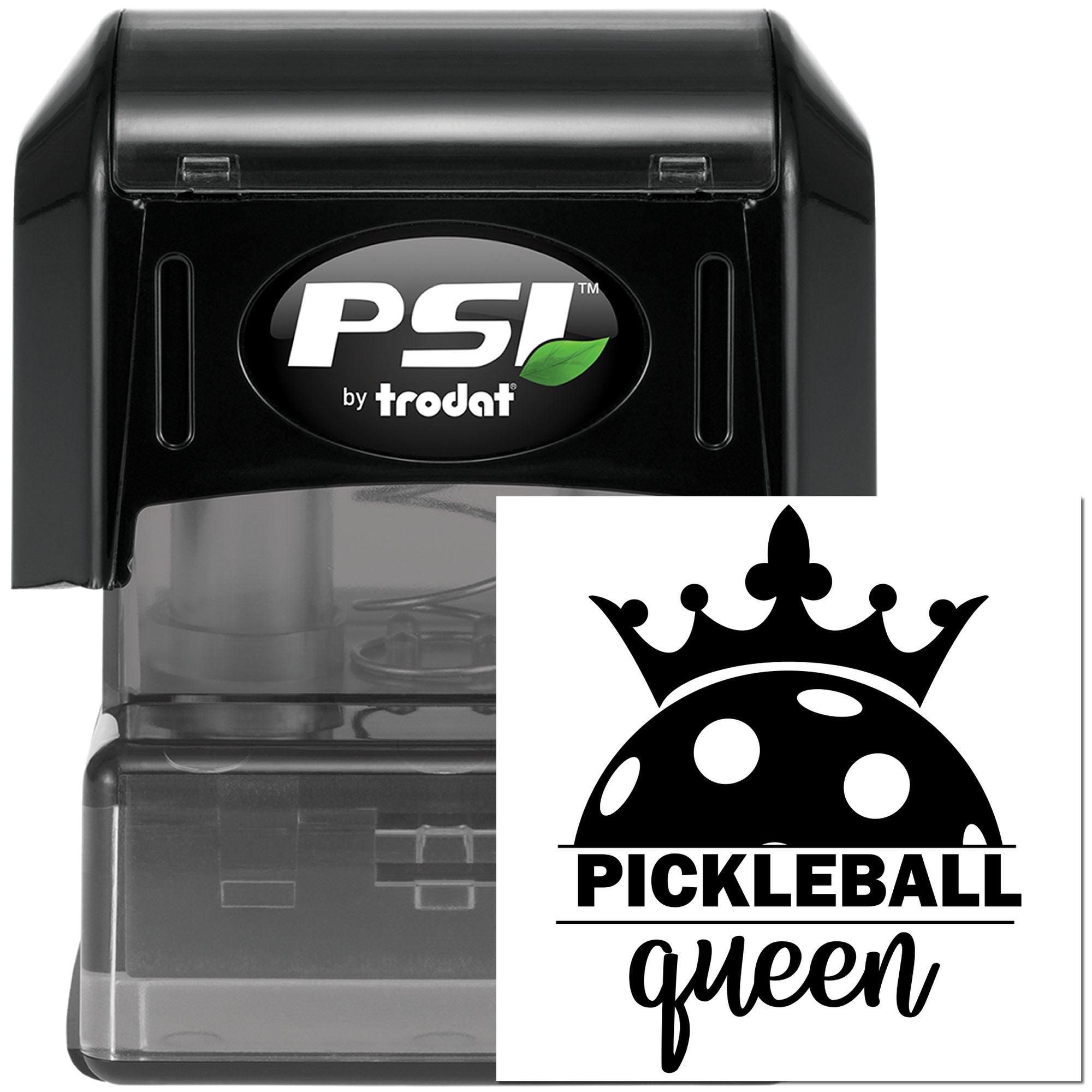 Self-inking rubber stamp with Pickleball Queen design, PSI by Trodat, ideal for custom pickleball gifts and sports branding.