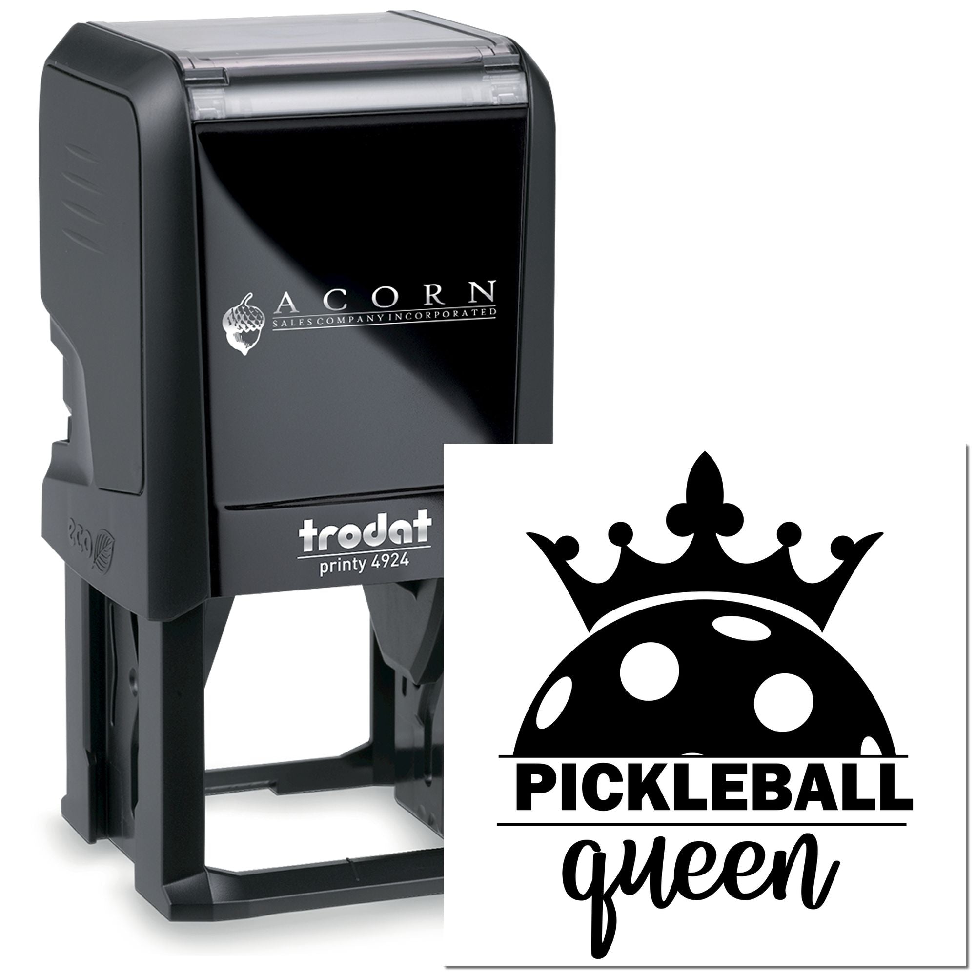 Custom self-inking rubber stamp with Pickleball Queen design, shown on Trodat Printy 4924 for custom business branding.