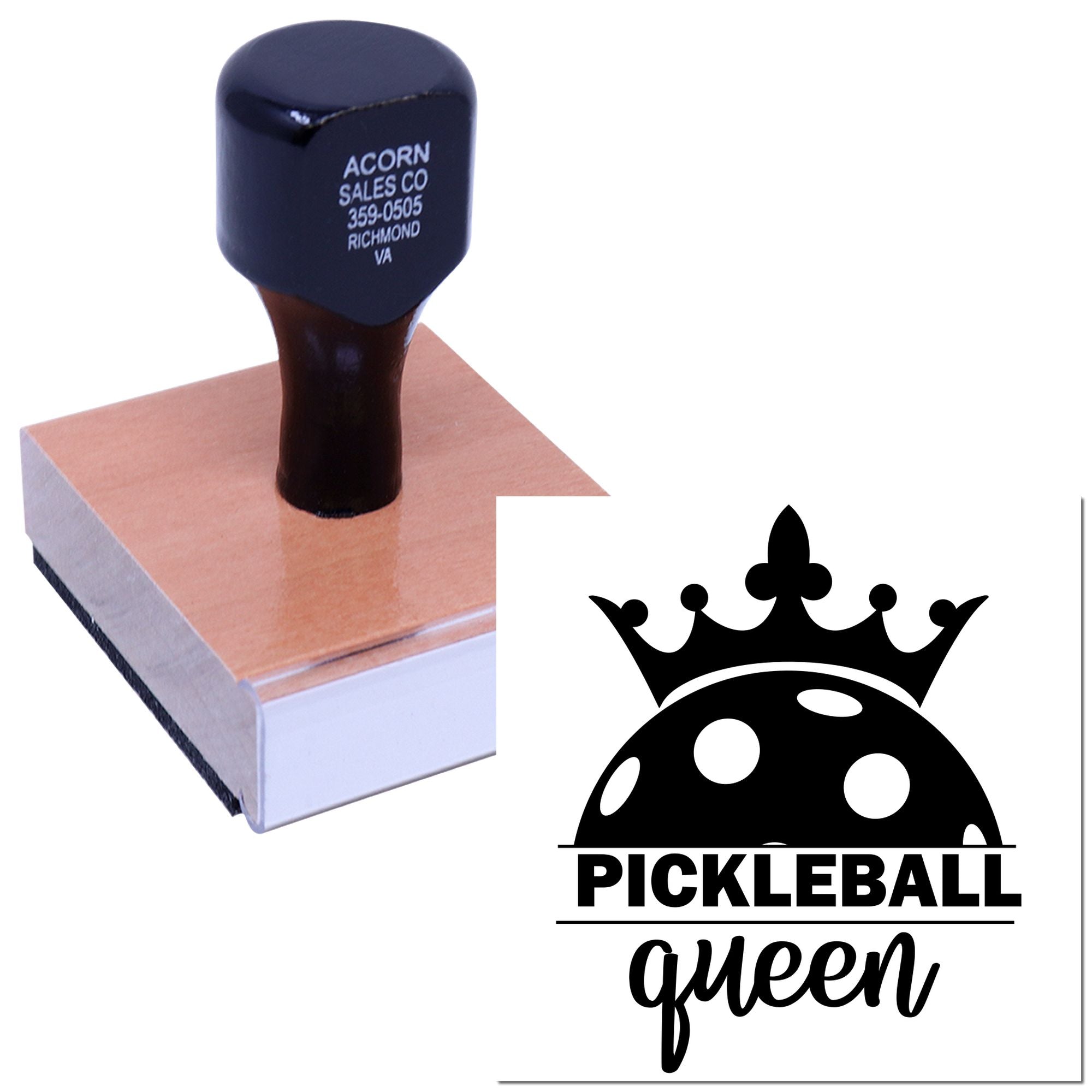 Custom rubber stamp with Pickleball Queen crown logo, ideal for personalized pickleball branding and crafts.