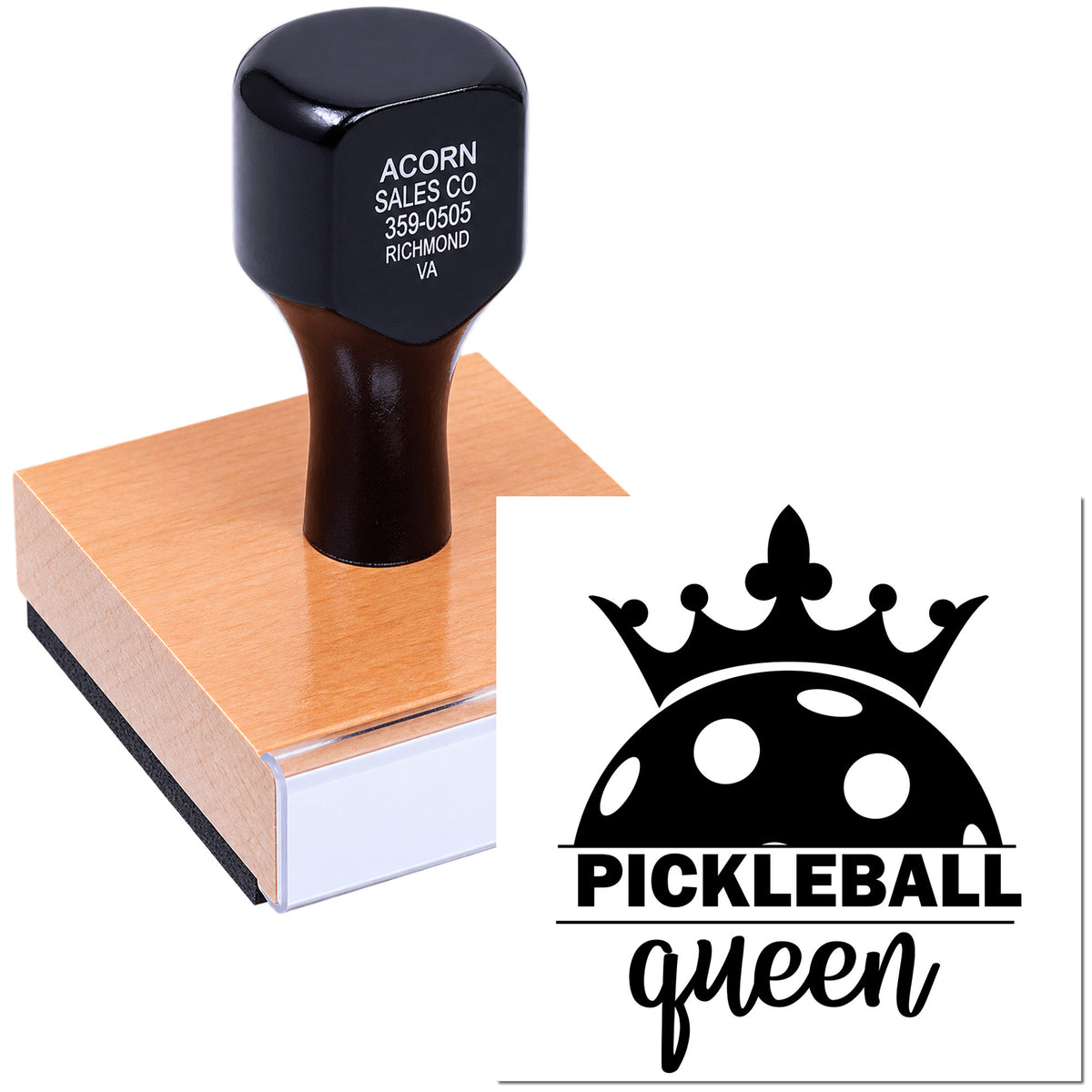 Custom rubber stamp with Pickleball Queen crown logo, ideal for personalized pickleball branding and crafts.