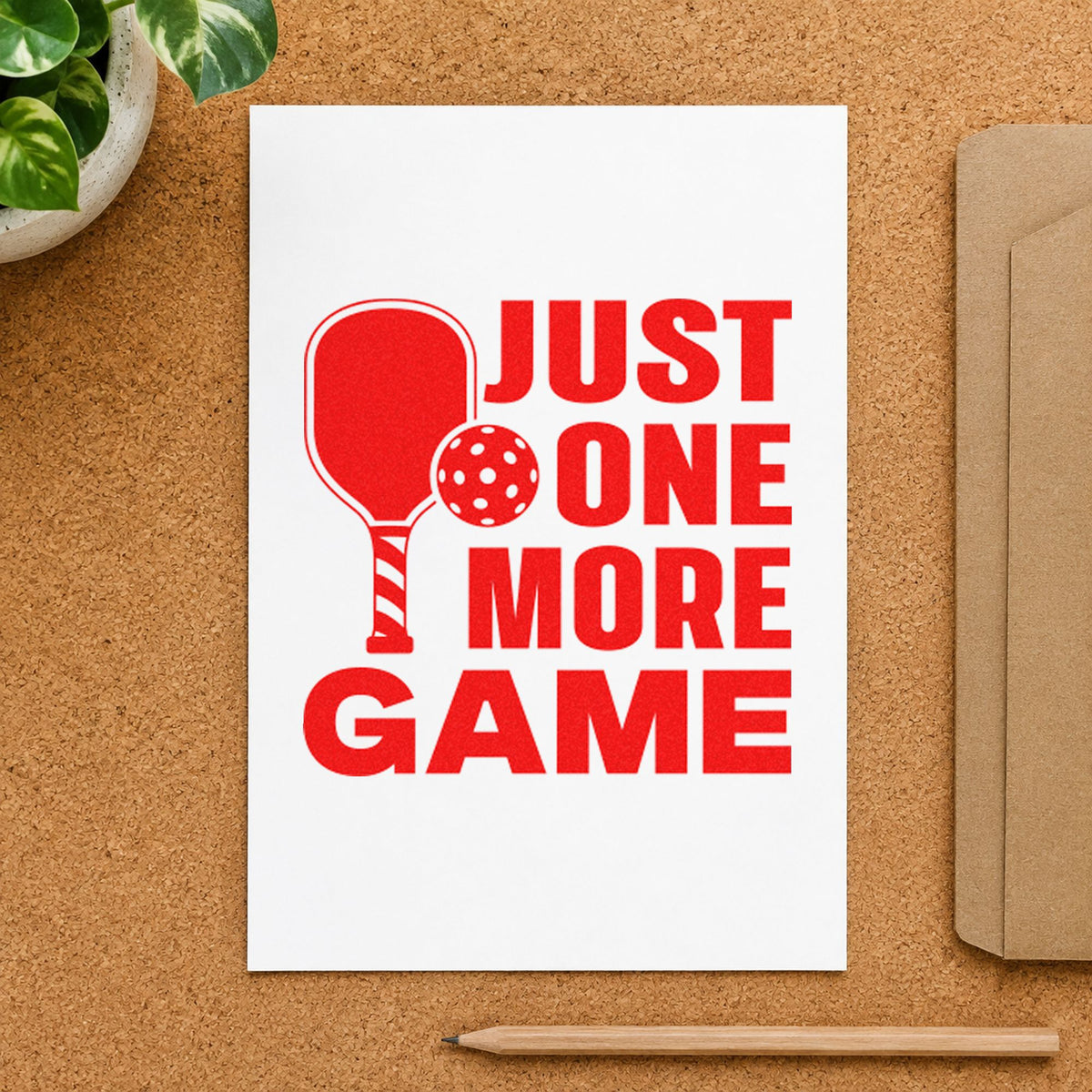 Just One More Game craft stamp imprint in red ink on a handmade project, one idea being slot book cards.