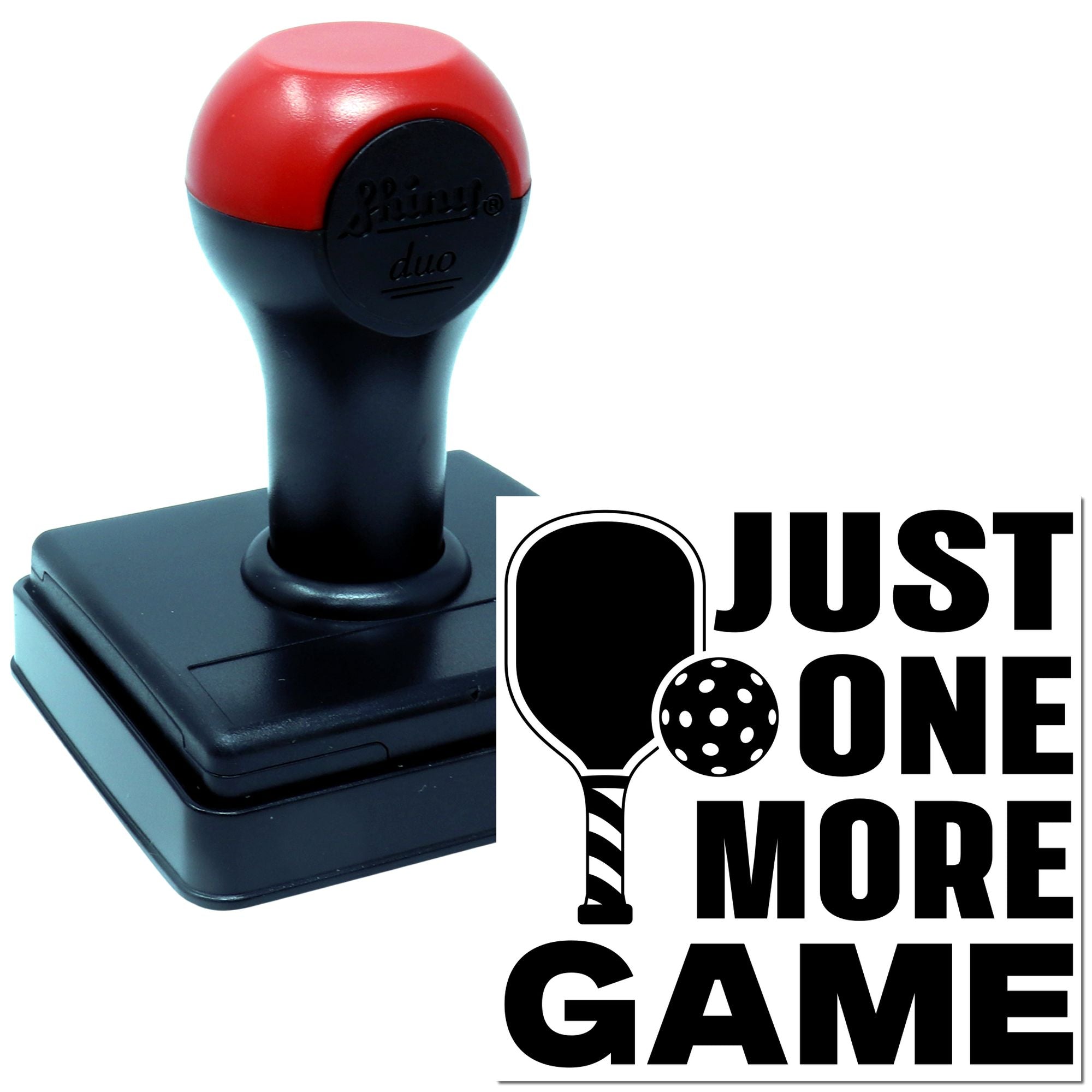 Self-inking custom rubber stamp with Just One More Game design, ideal for gaming-themed branding and personalized stamping.