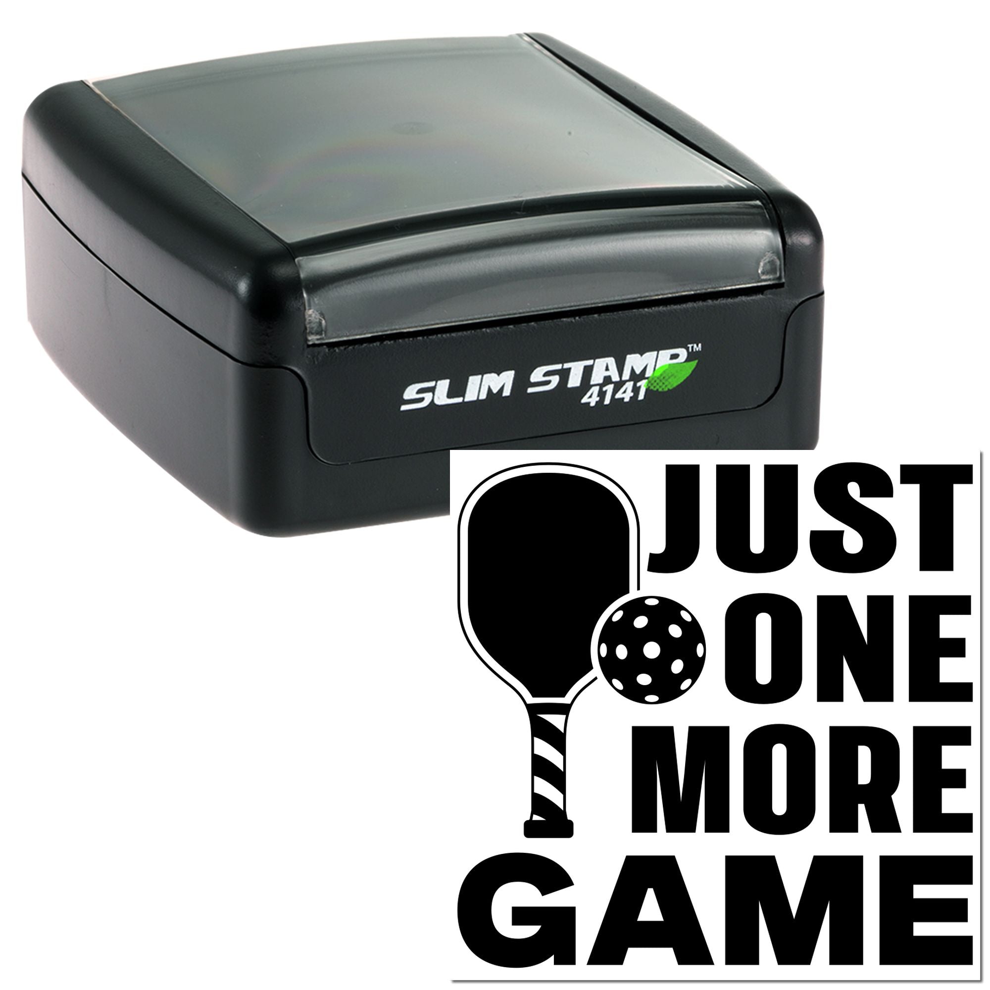 Self-inking rubber stamp with Just One More Game pickleball logo for custom sports branding and crafts.