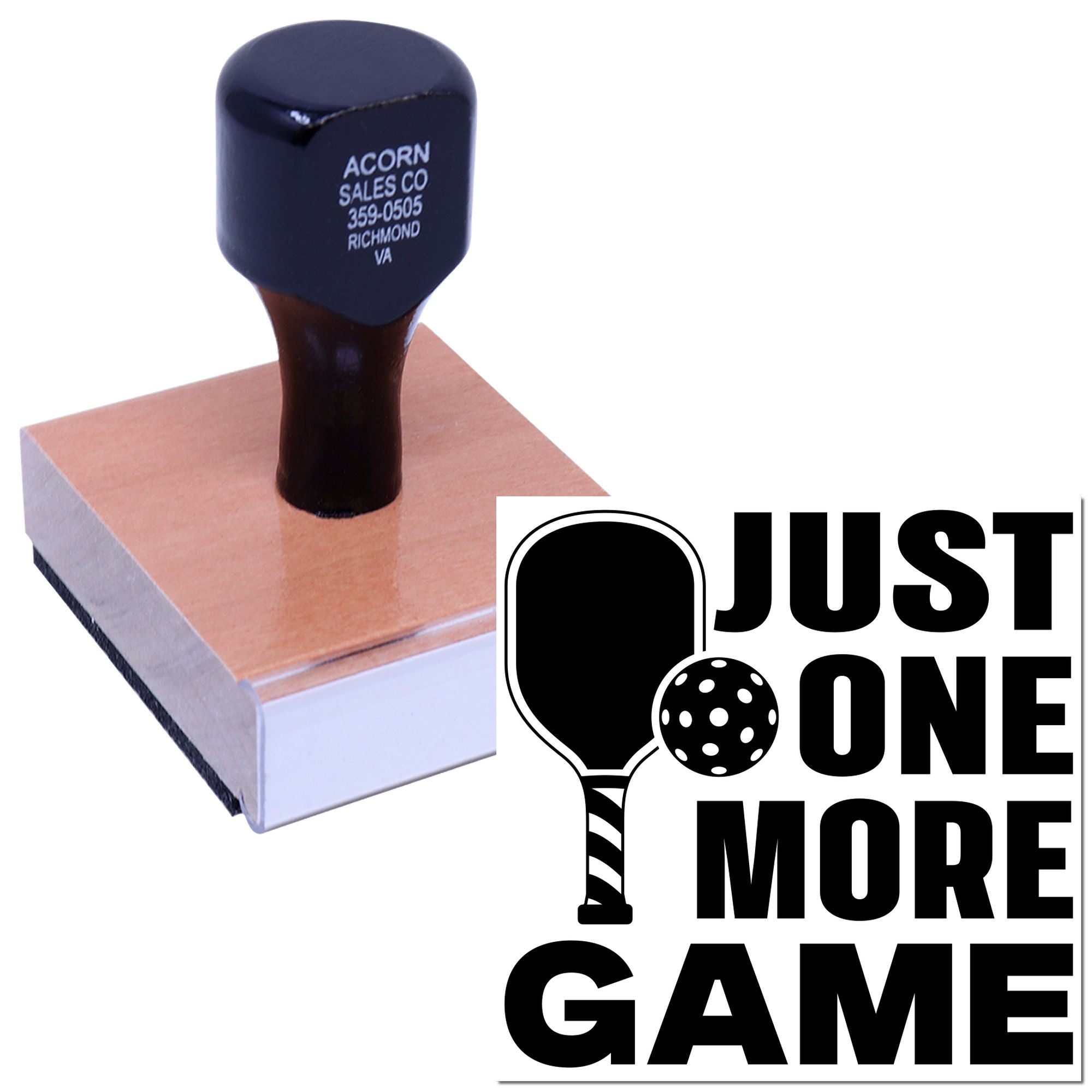 Custom rubber stamp with Just One More Game design for sports-themed branding, promotions, and craft projects.